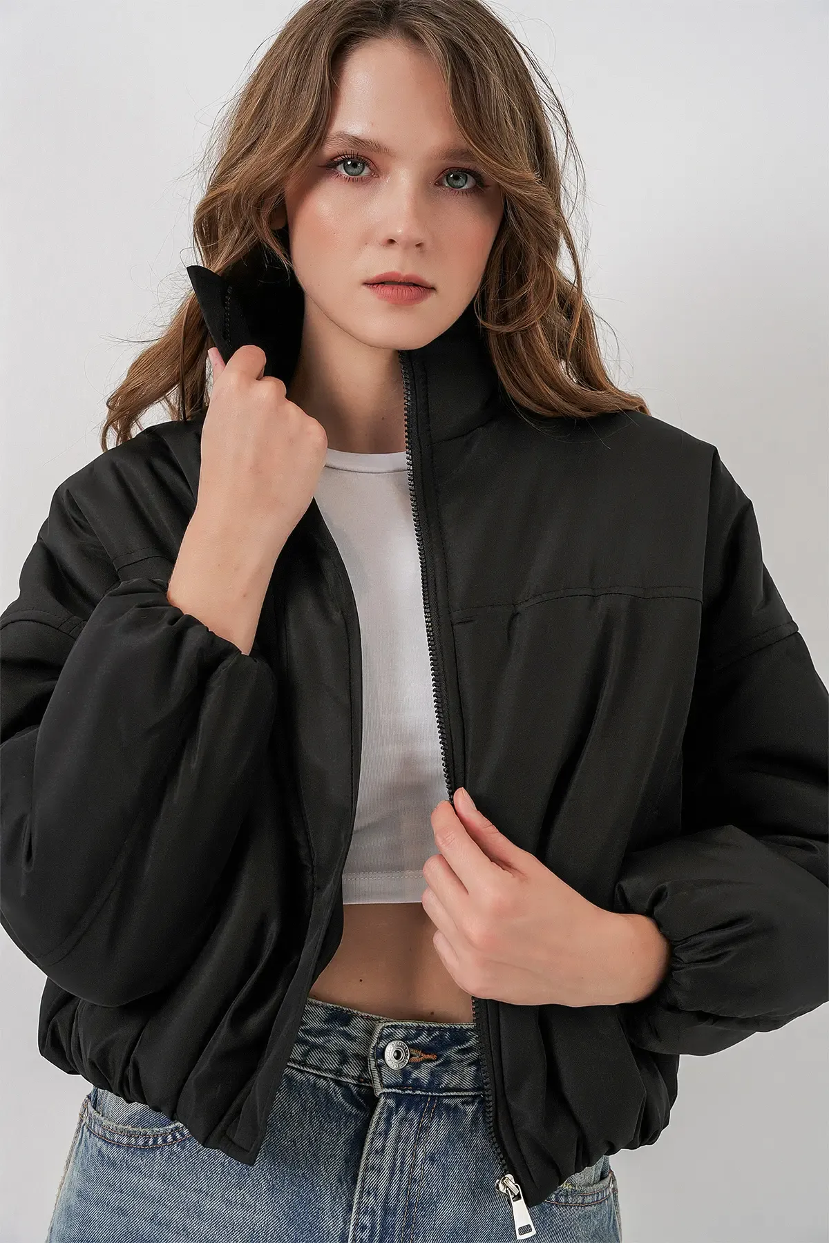 Kadın Siyah Oversize Bomber Şişme Mont 5124