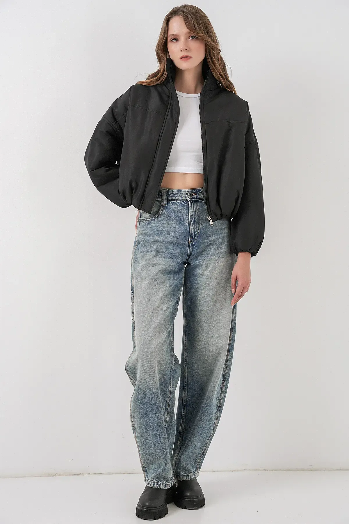 Kadın Siyah Oversize Bomber Şişme Mont 5124