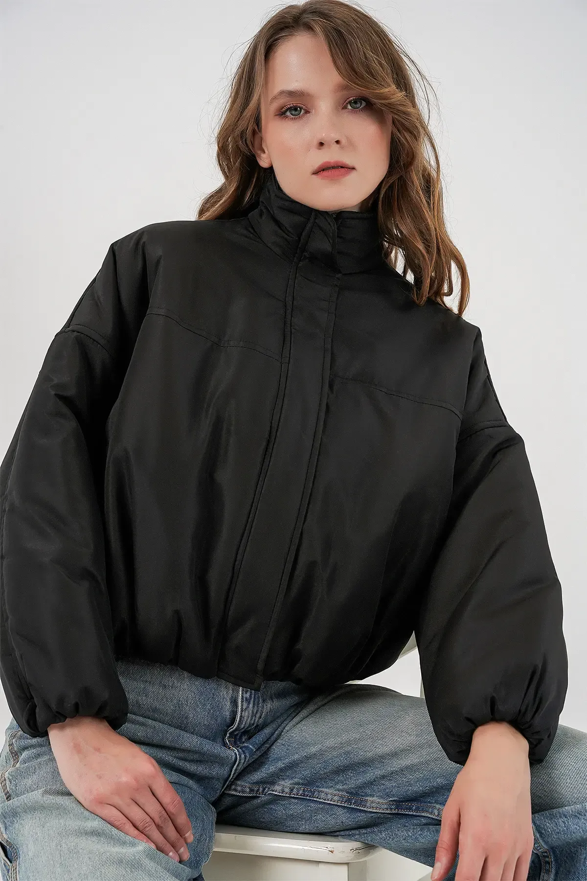 Kadın Siyah Oversize Bomber Şişme Mont 5124