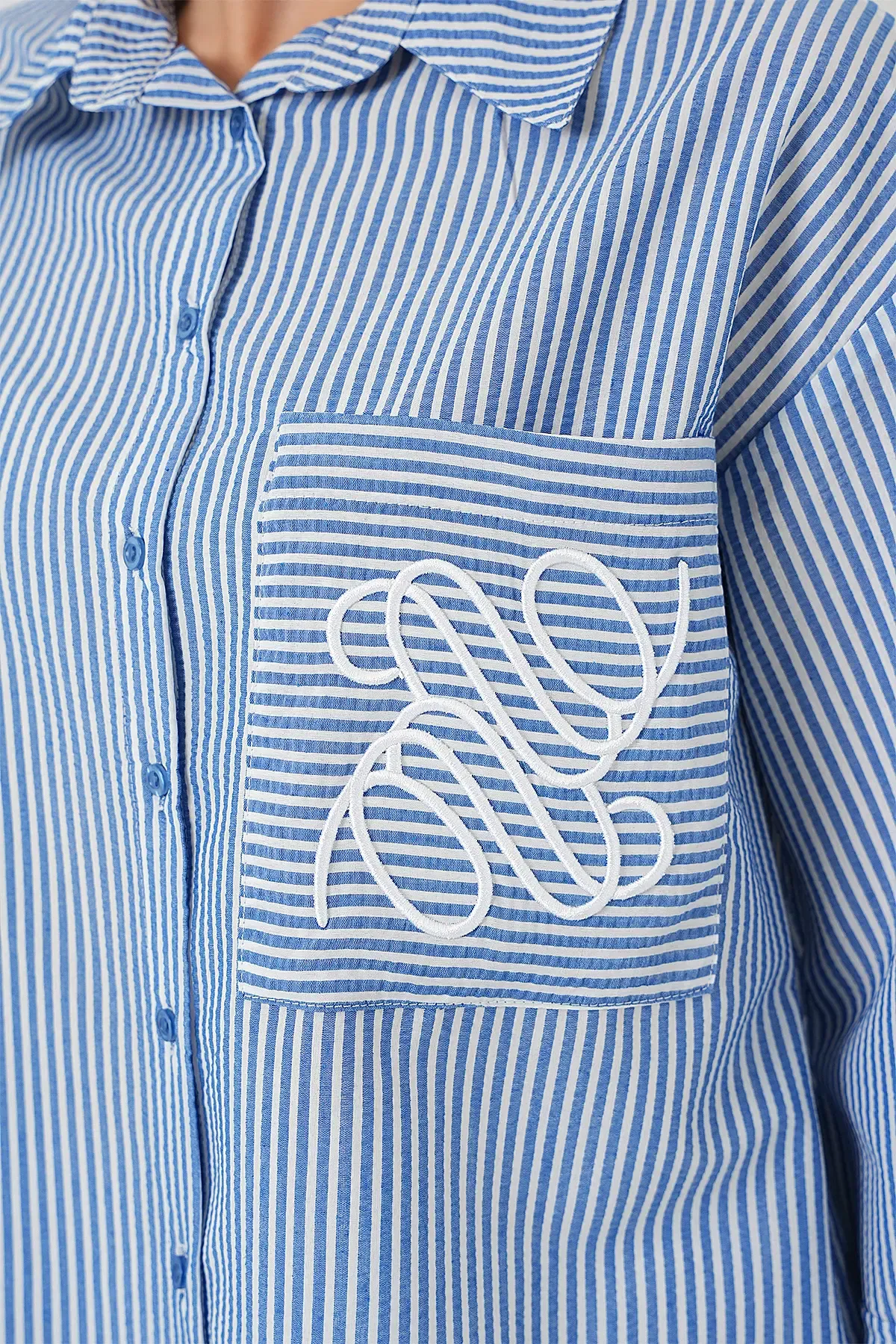 Kadın Tek Cep Nakışlı Gömlek 20328 - Lacivert