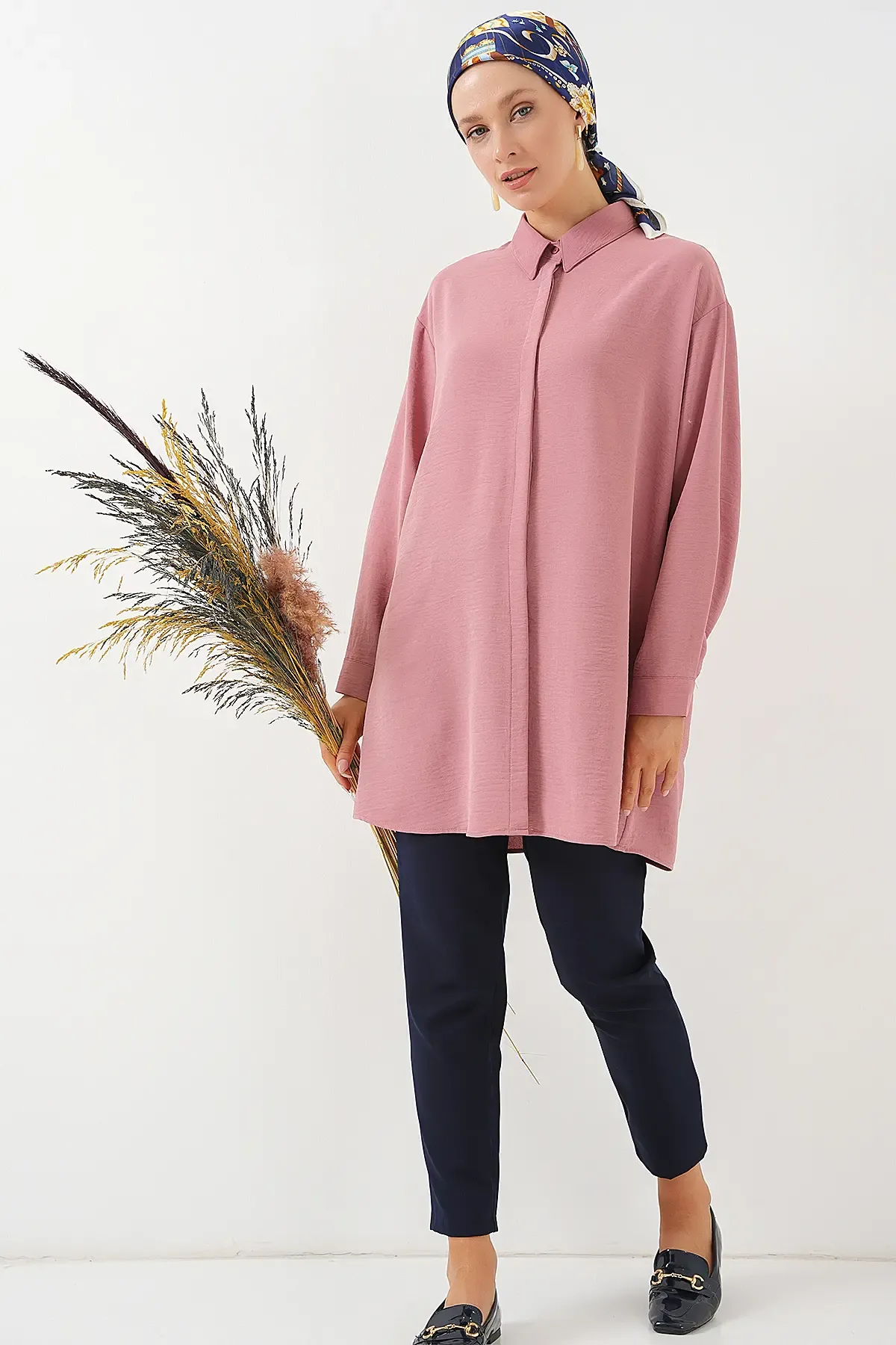 Kadın Uzun Gömlek Tunik 5945 - Pudra