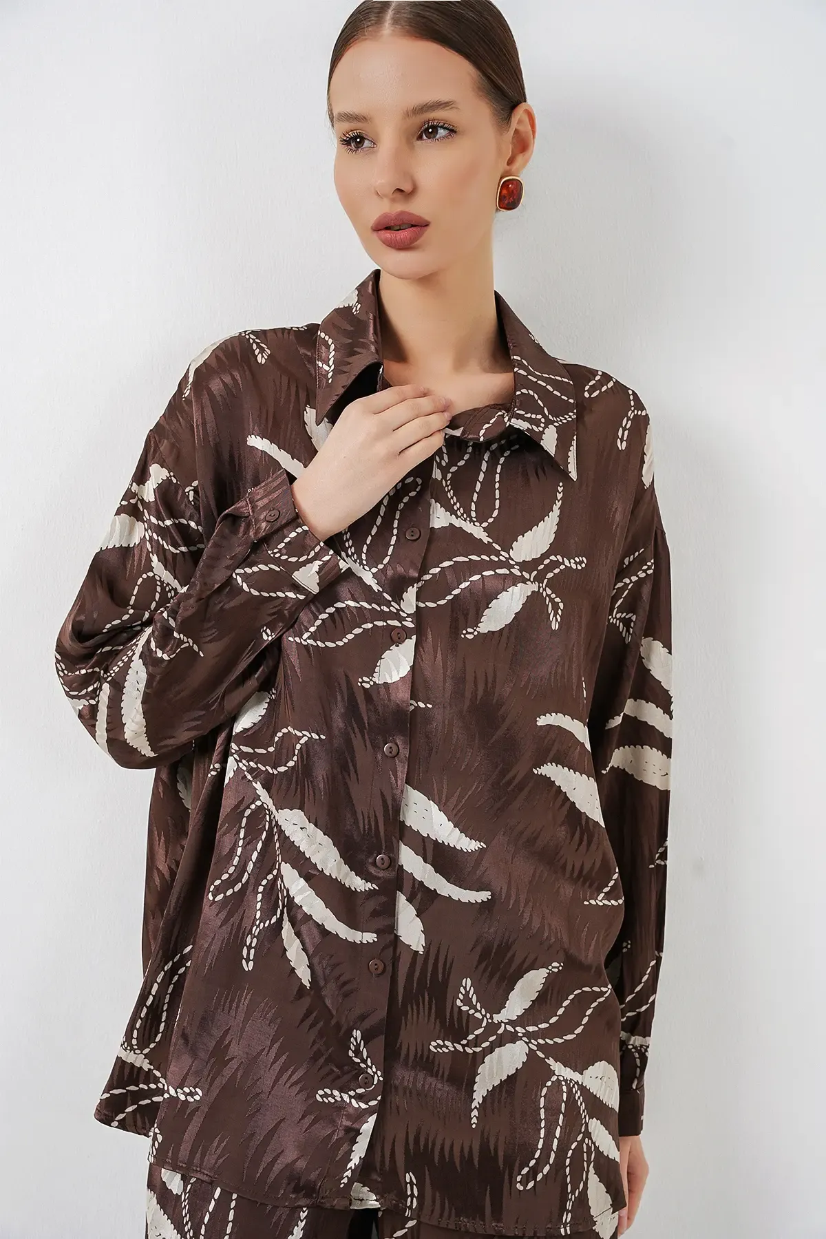 Kadın Uzun Jakalı Alt Üst İkili Takım 30089 - Kahverengi