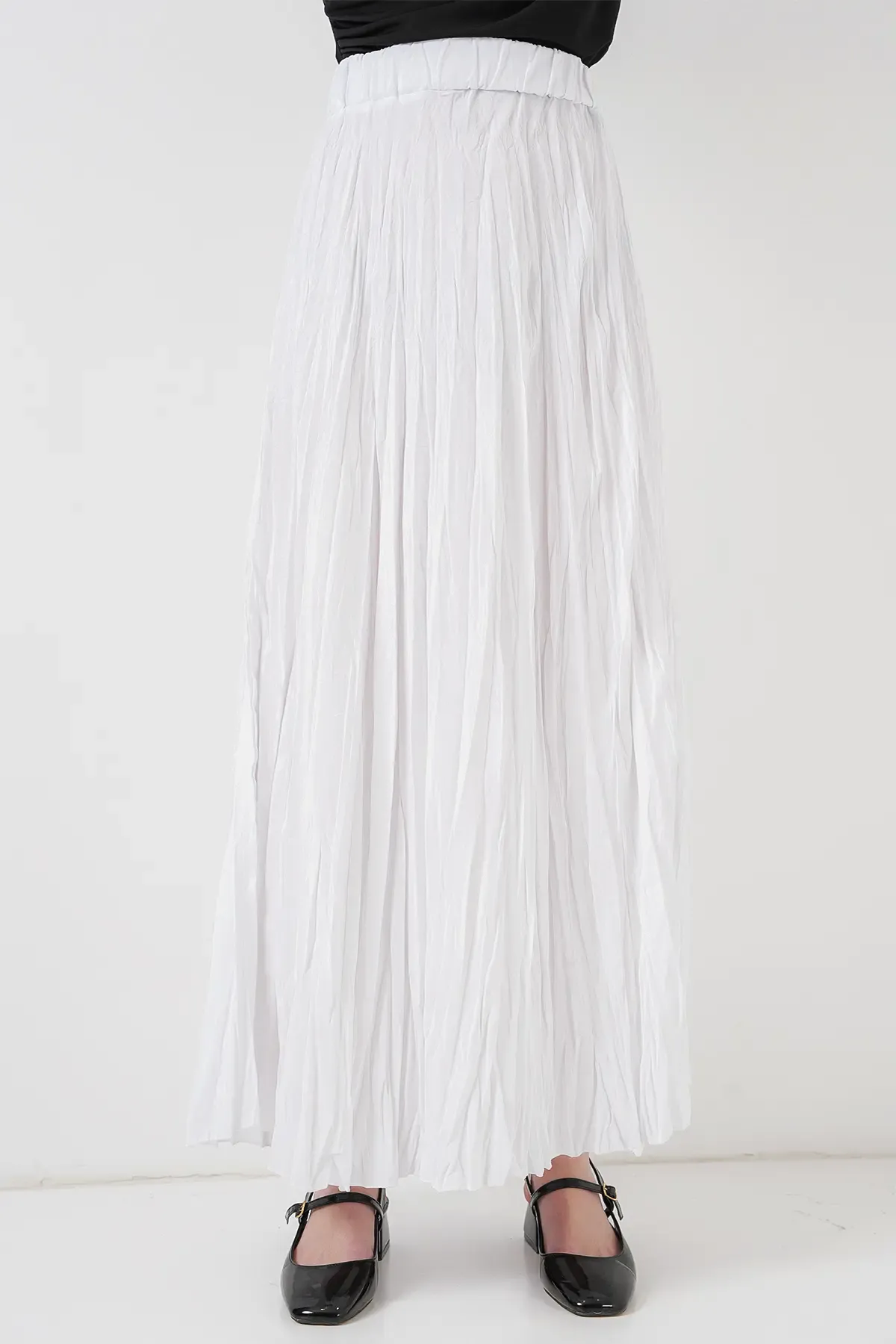 Kadın Uzun Kırışık Etek 8042 - Beyaz