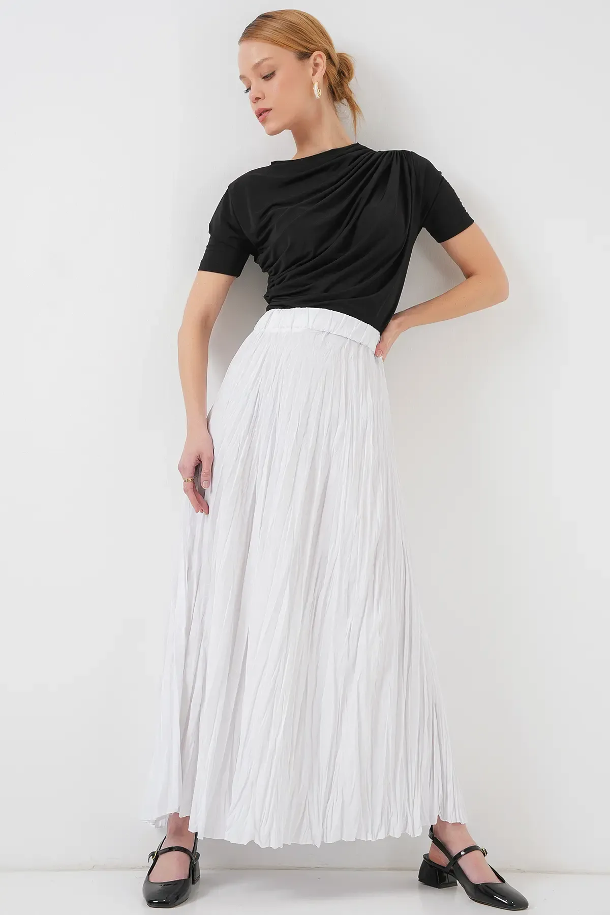 Kadın Uzun Kırışık Etek 8042 - Beyaz