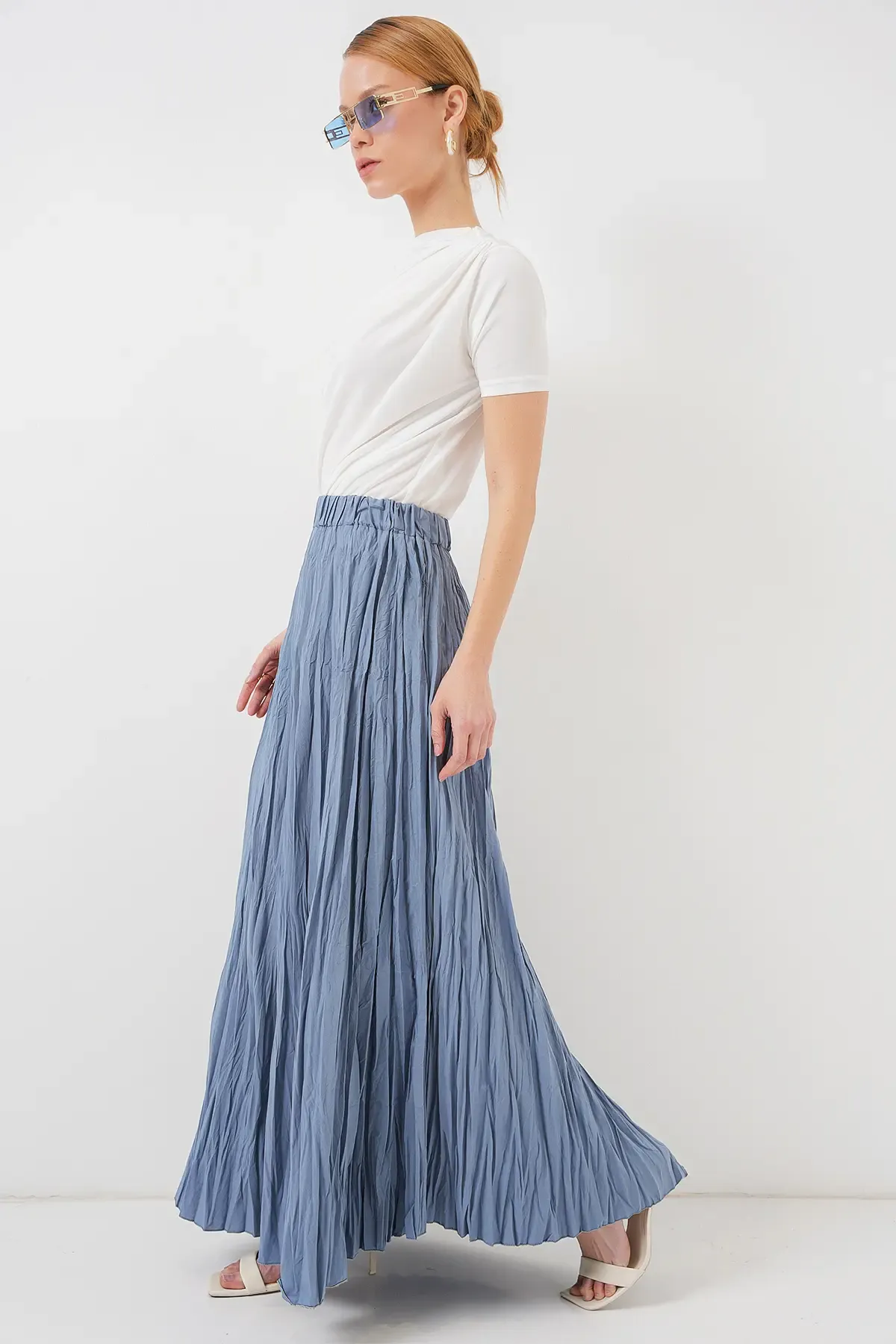 Kadın Uzun Kırışık Etek 8042 - İndigo