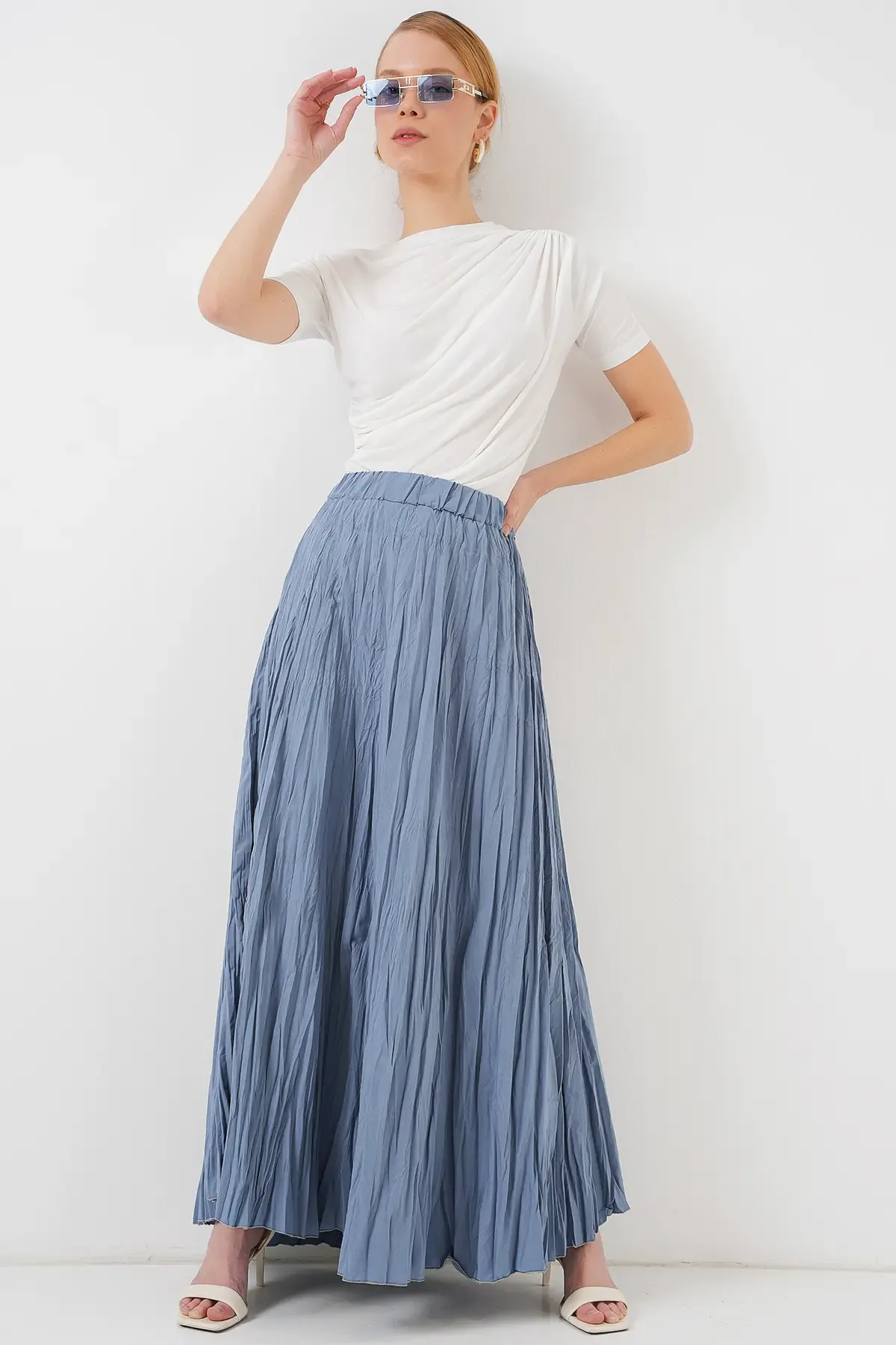 Kadın Uzun Kırışık Etek 8042 - İndigo