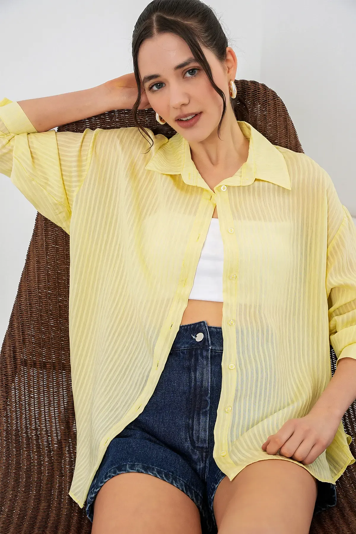 Kadın Uzun Oversize Gömlek 20320 - Sarı