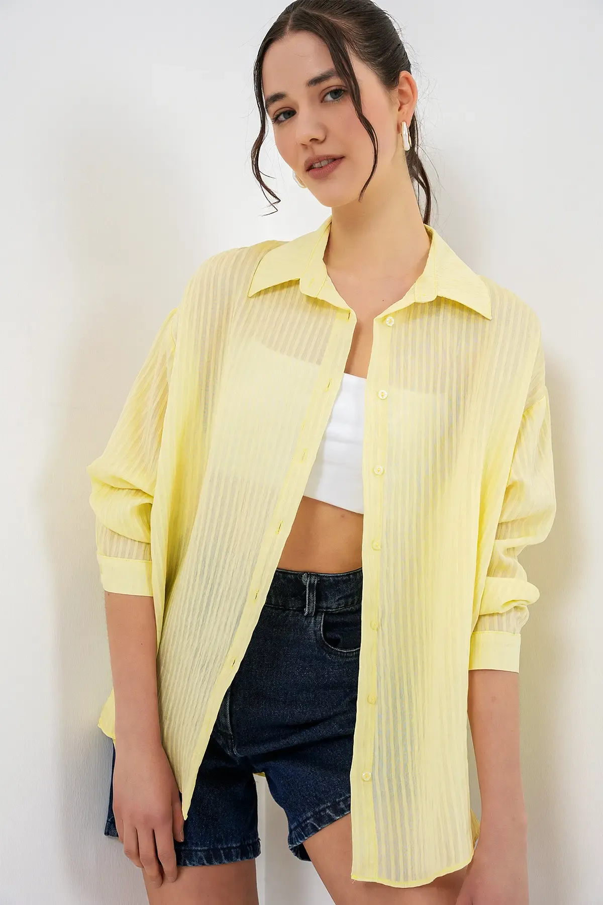 Kadın Uzun Oversize Gömlek 20320 - Sarı