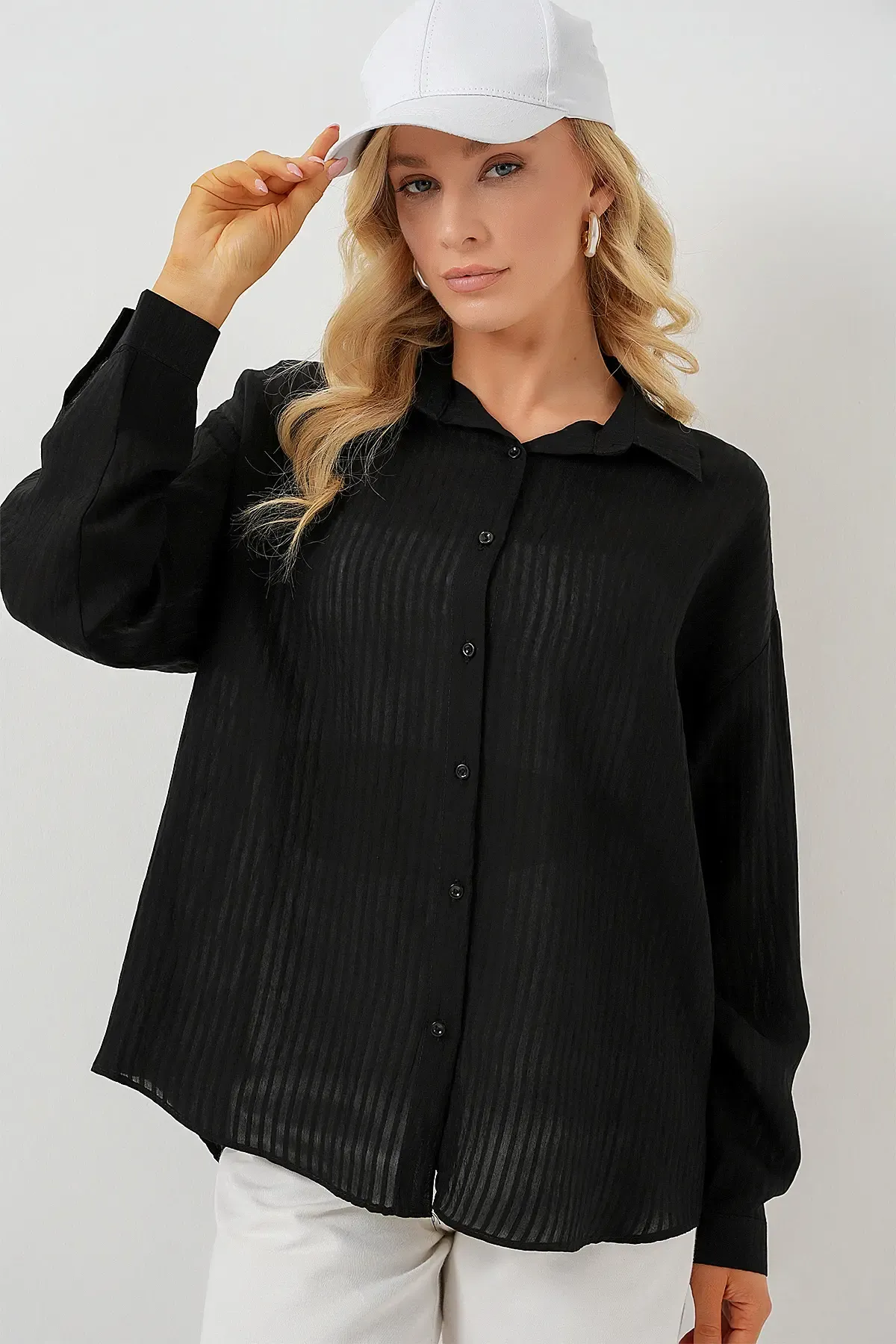 Kadın Uzun Oversize Gömlek 20320 - Siyah