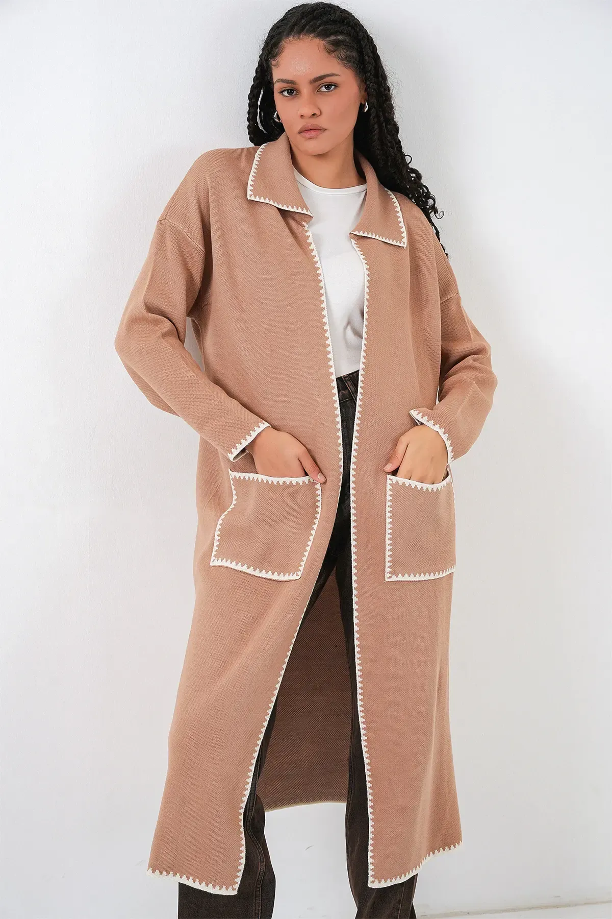 Kadın Uzun Oversize Triko Hırka 15962 - Camel