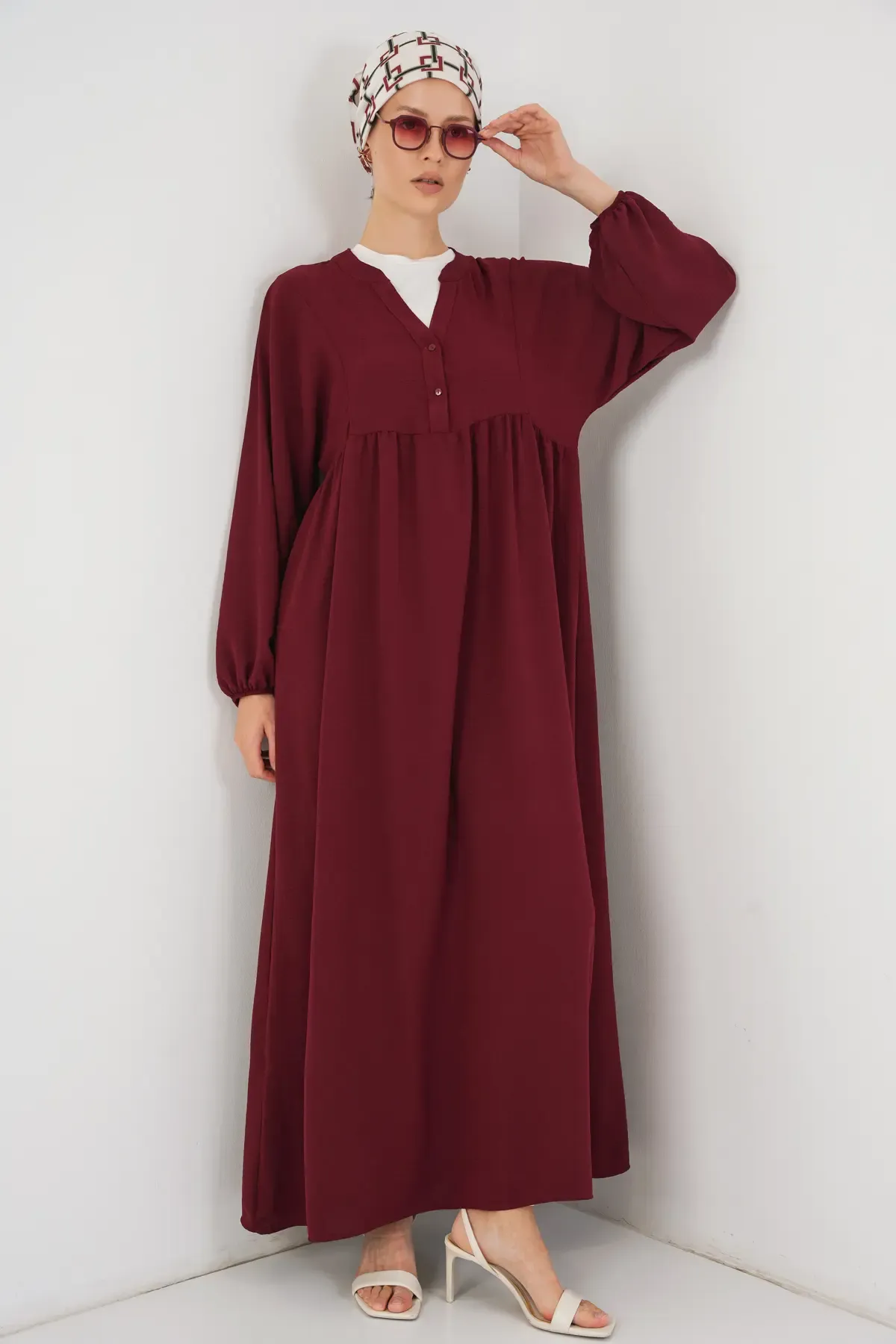 Kadın Uzun Tesettür Elbise 2525 - Bordo