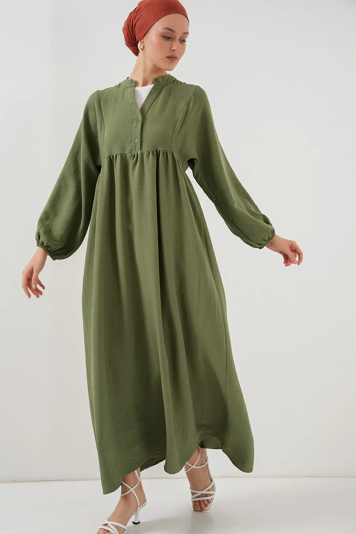 Kadın Uzun Tesettür Elbise 2525 - Haki