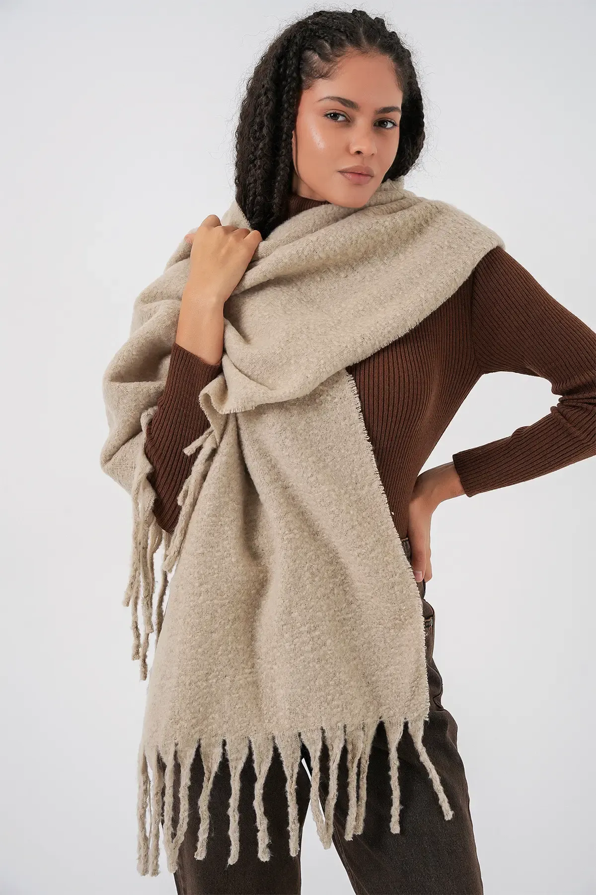 Kadın Yumuşak Dokulu Kalın Şal Atkı 15951 - A.Bej