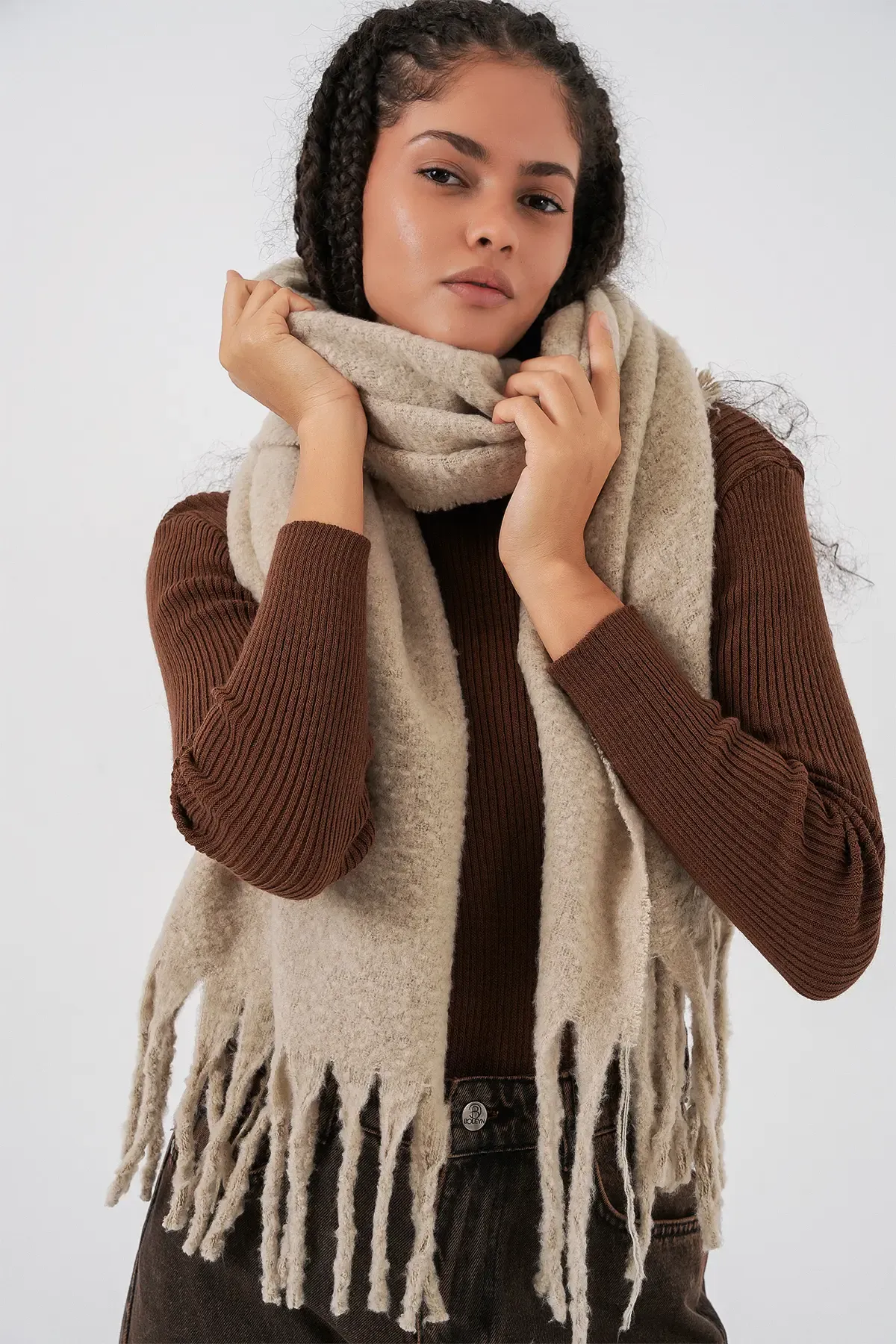 Kadın Yumuşak Dokulu Kalın Şal Atkı 15951 - A.Bej