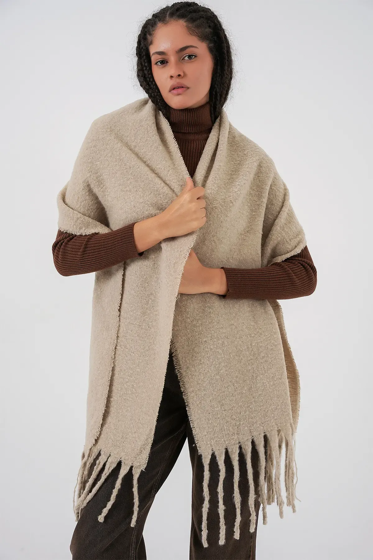 Kadın Yumuşak Dokulu Kalın Şal Atkı 15951 - A.Bej