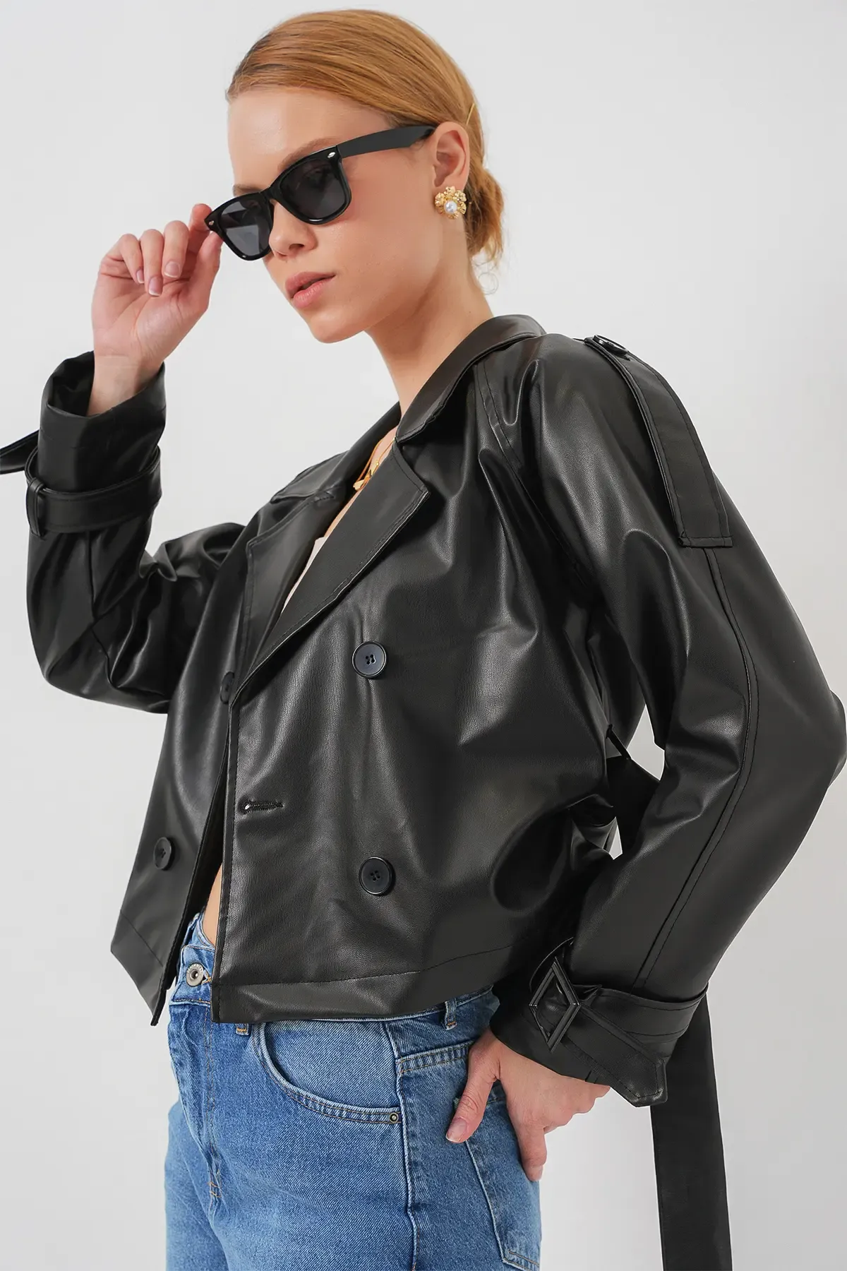 Kemerli Siyah Suni Deri Ceket 0698
