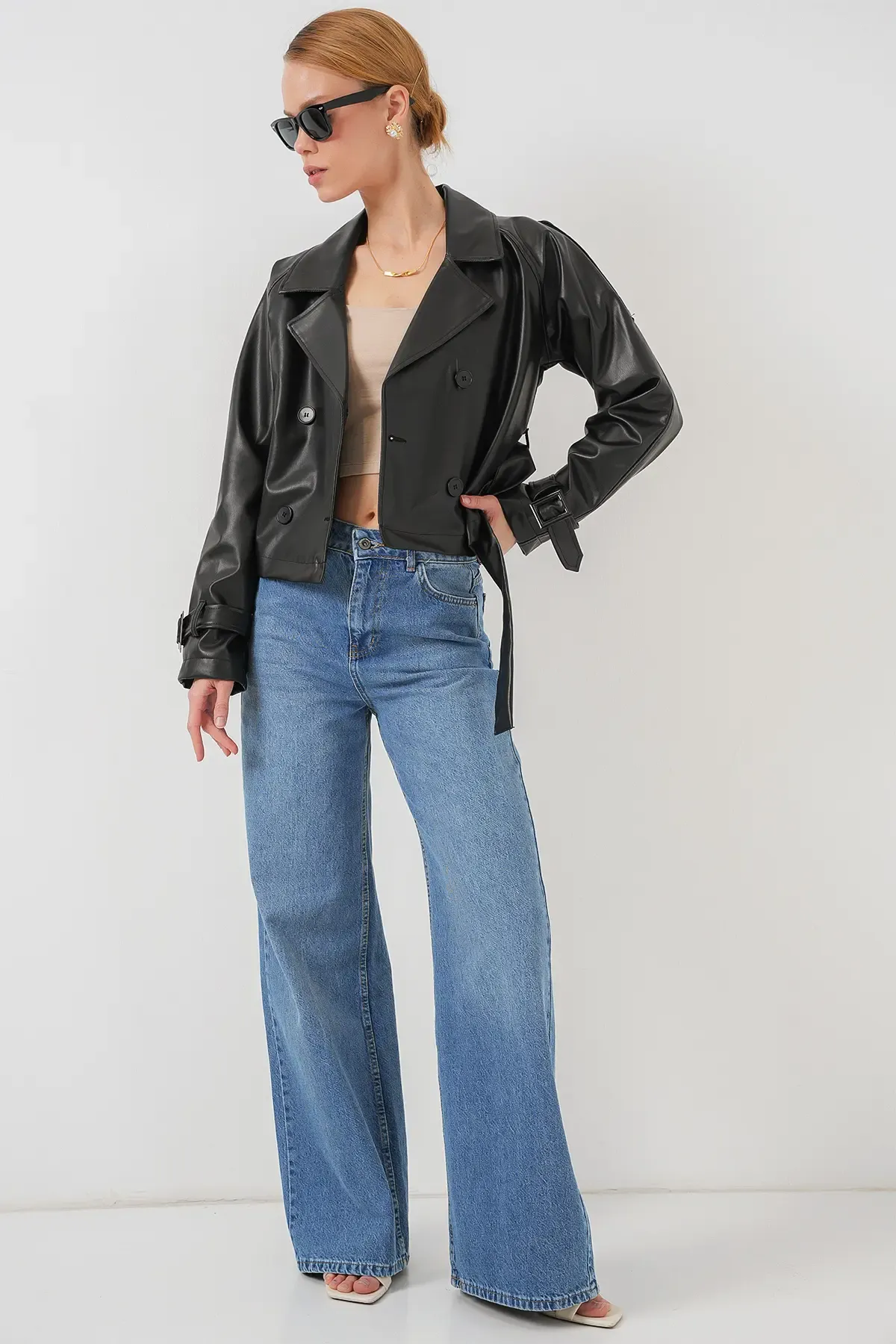 Kemerli Siyah Suni Deri Ceket 0698