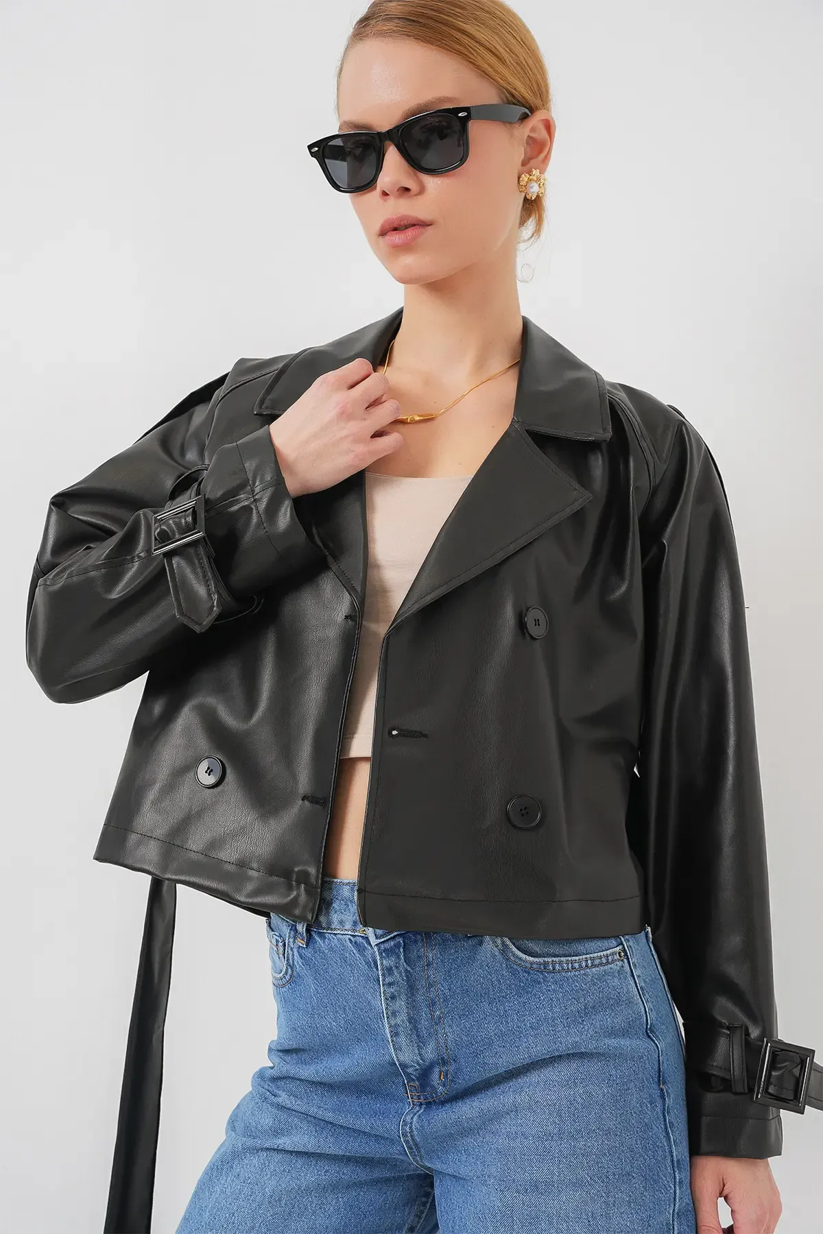 Kemerli Siyah Suni Deri Ceket 0698