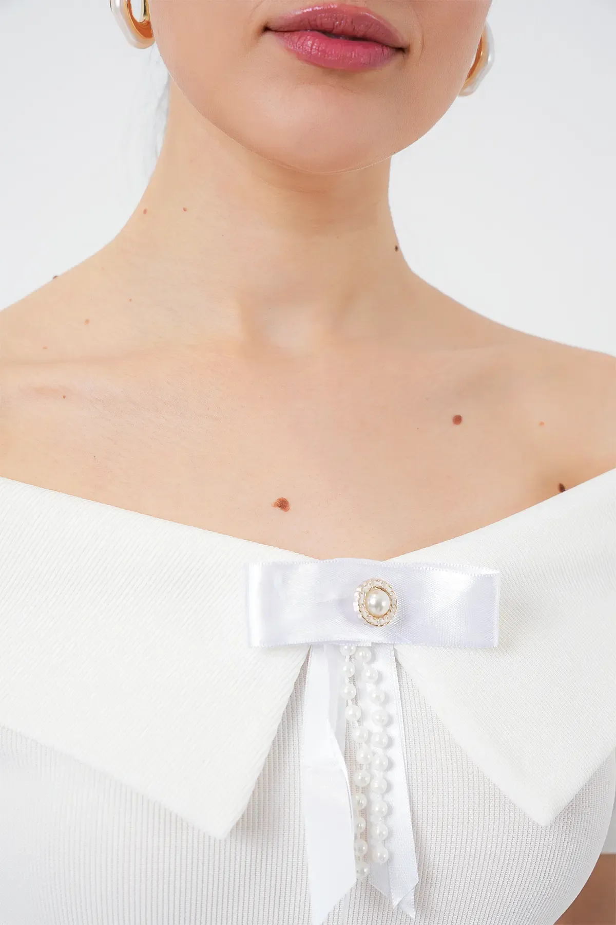 Kurdele Detaylı Örme Bluz 949 - Beyaz