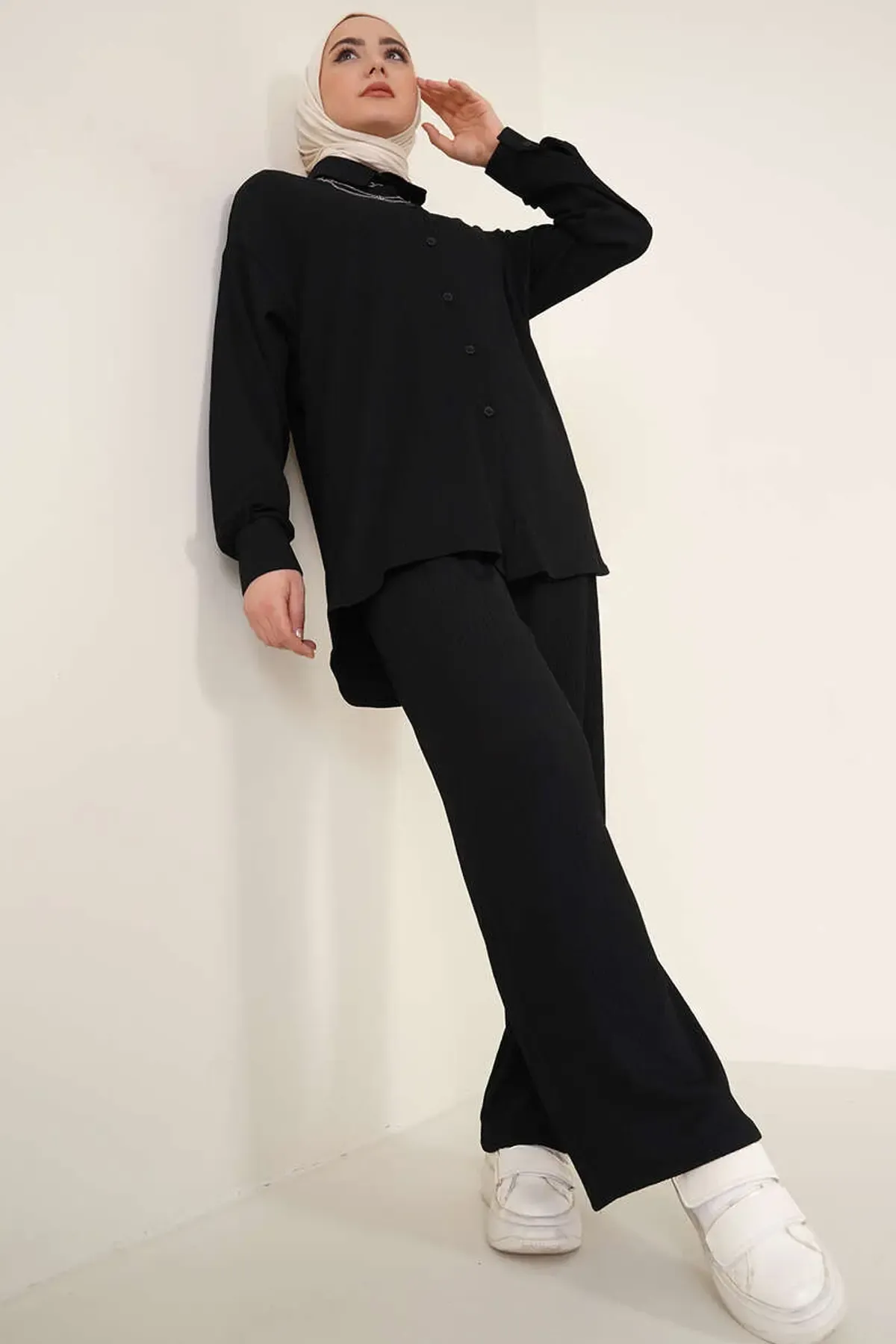 T5858 Örme Tesettür İkili Takım - Siyah