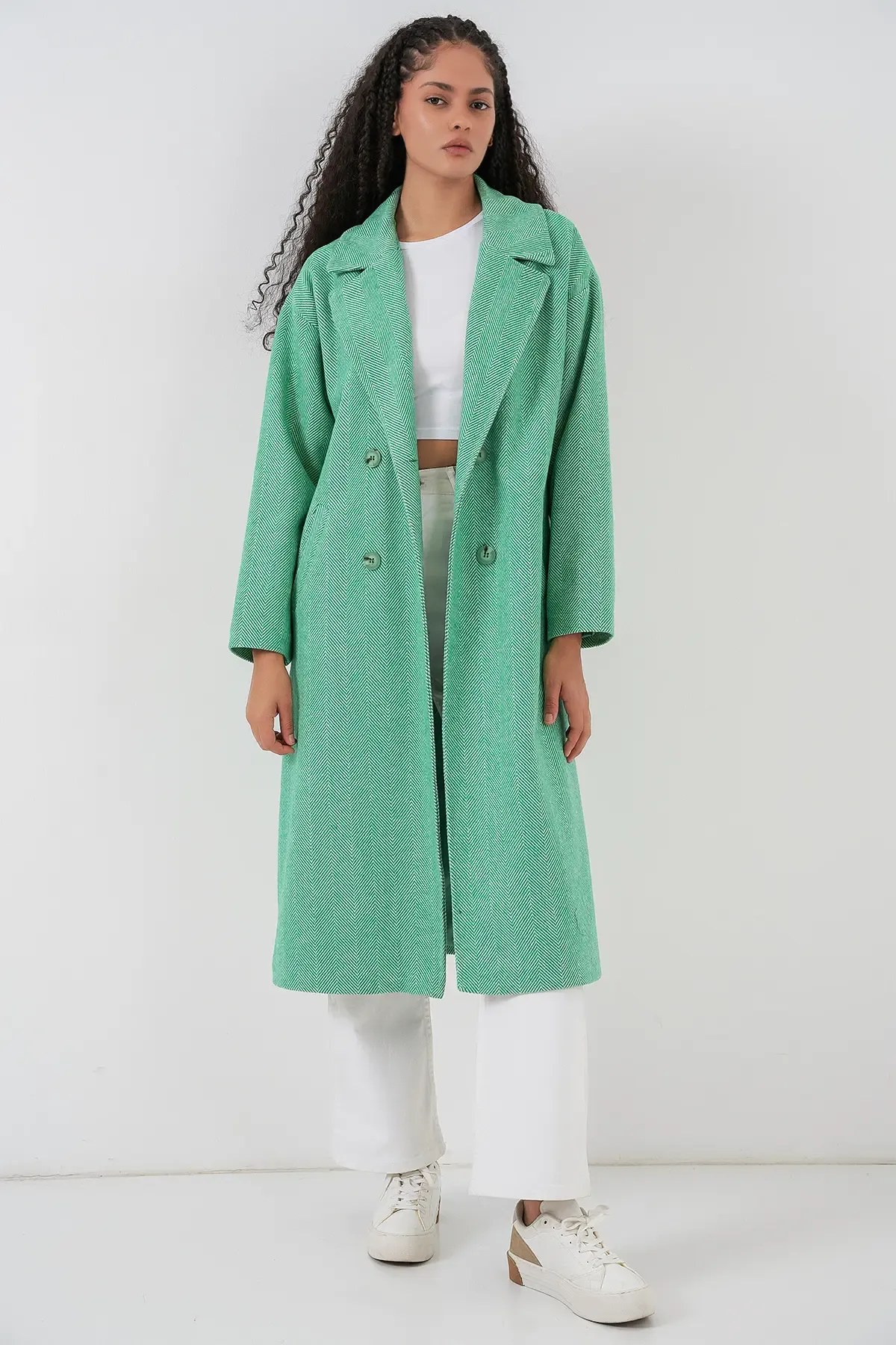 Yeşil Oversize Geniş Kesim Yünlü Uzun Kaşe Kaban 9113