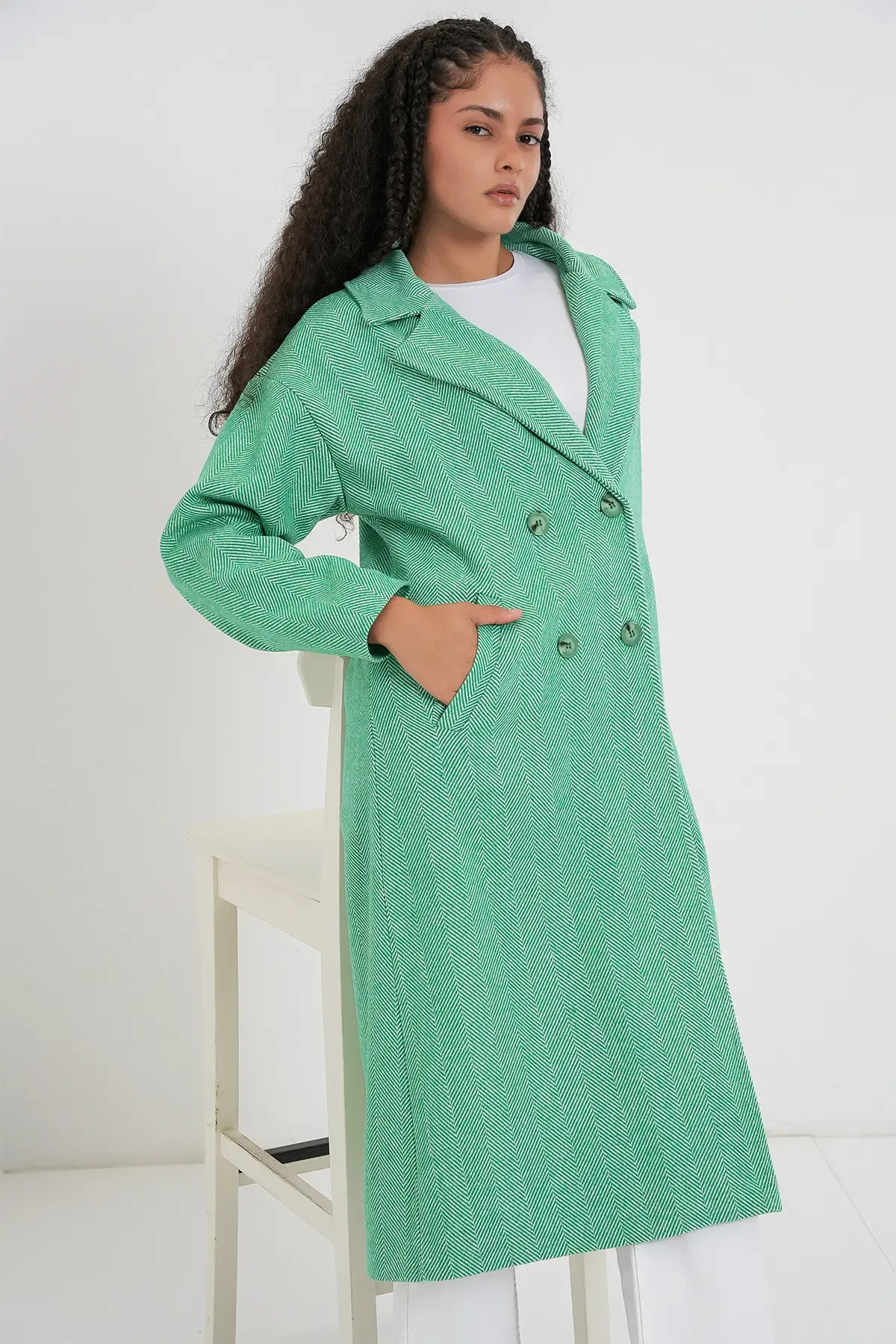 Yeşil Oversize Geniş Kesim Yünlü Uzun Kaşe Kaban 9113