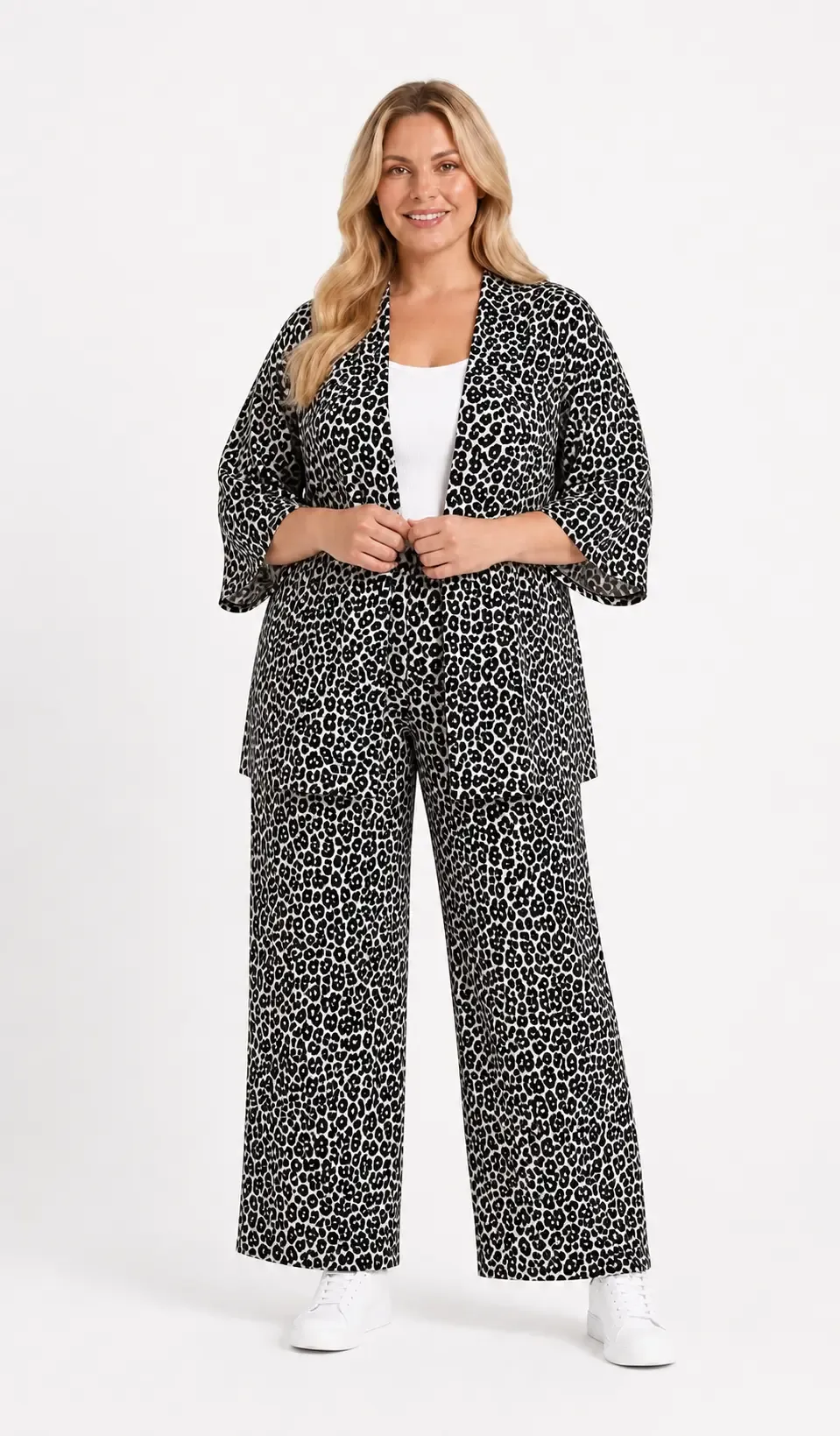 Kadın Büyük Beden Leopar Desenli Bej Kimono Takım HZL26S-PR10181