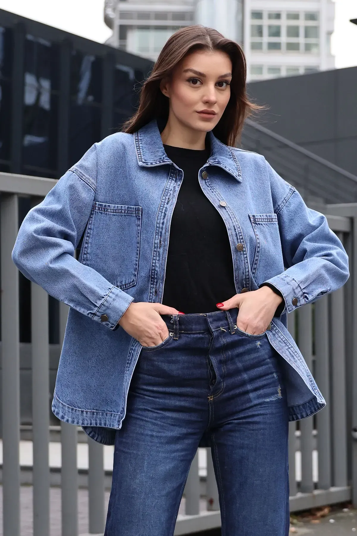 0694 Çift Cepli Oversize Denim Ceket - Lacivert