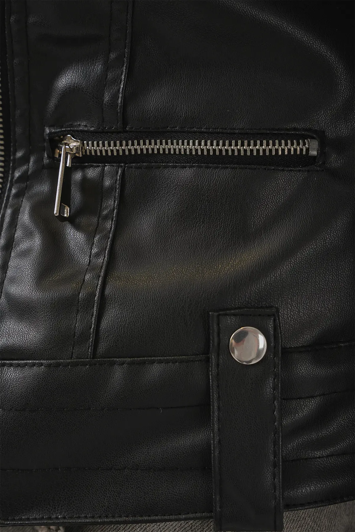 1025 Suni Deri Biker Ceket - Siyah