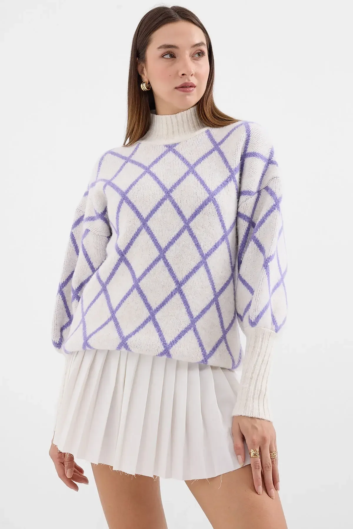 15889 Balıkçı Yaka Oversize Triko Kazak - Lila