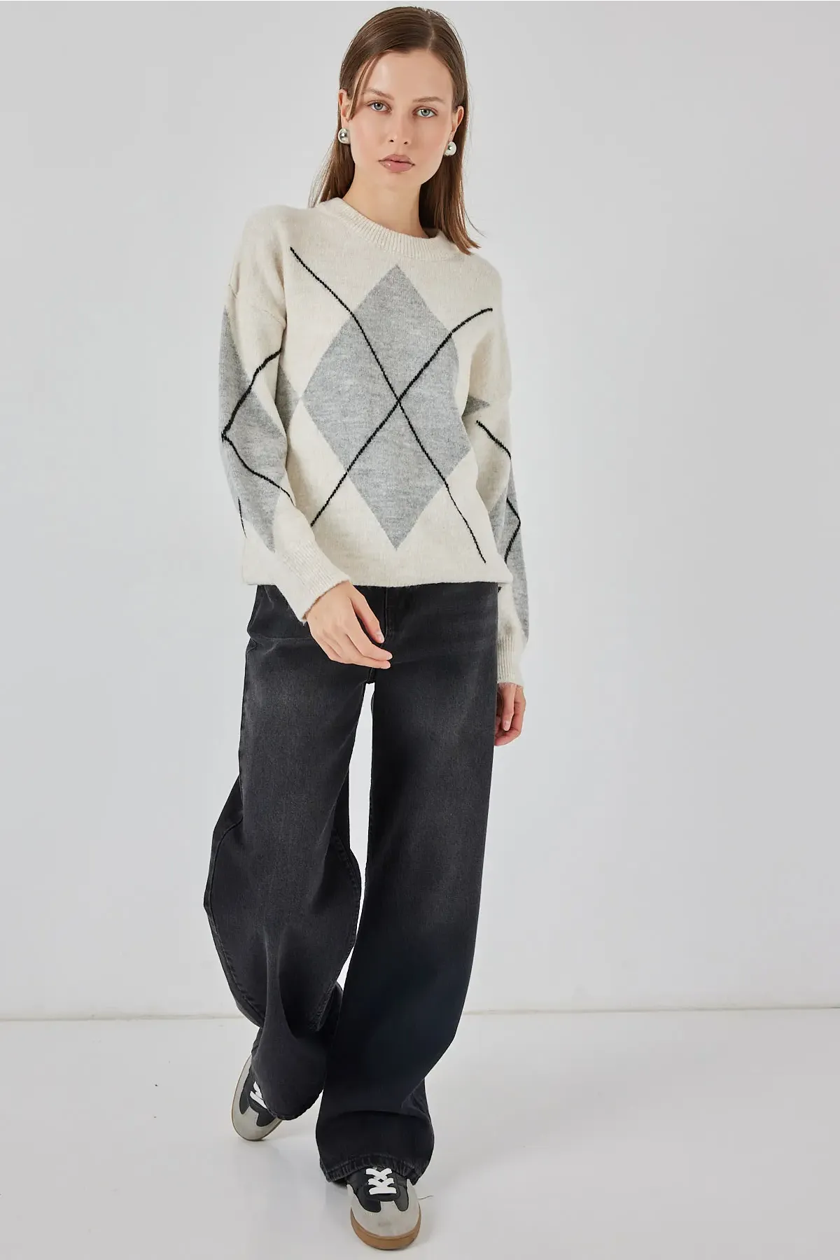 15895 Baklava Desenli Oversize Triko Kazak - M. Krem