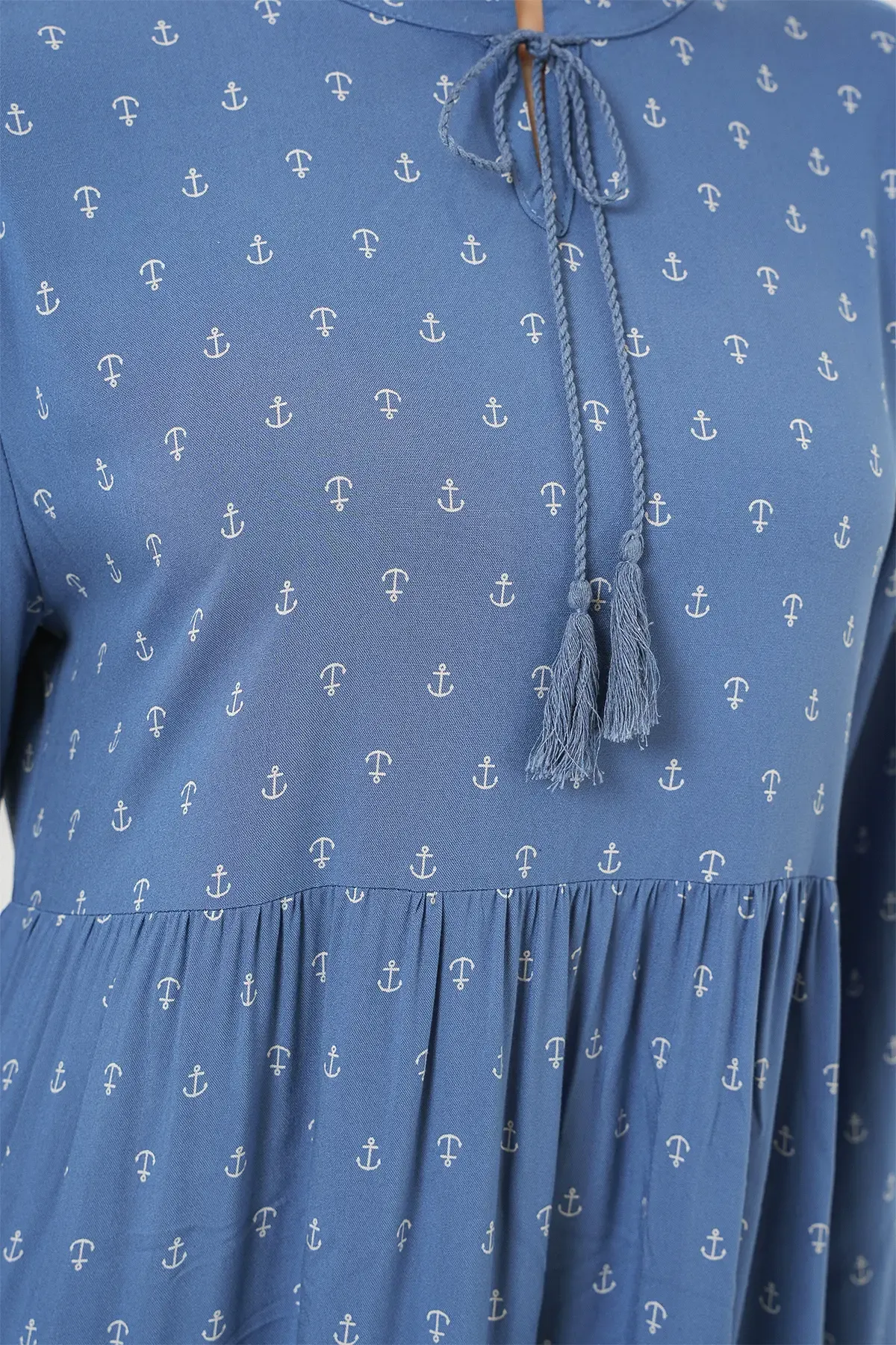 1627 Yaka Bağcıklı Tesettür Elbise - Mavi