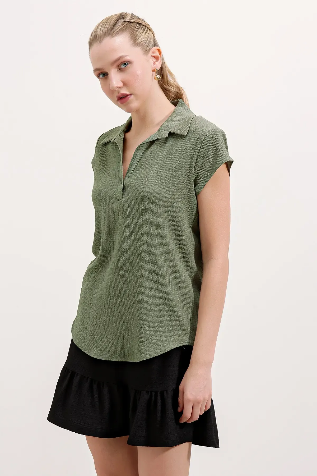 20123 Polo Yaka Örme Bluz - Haki