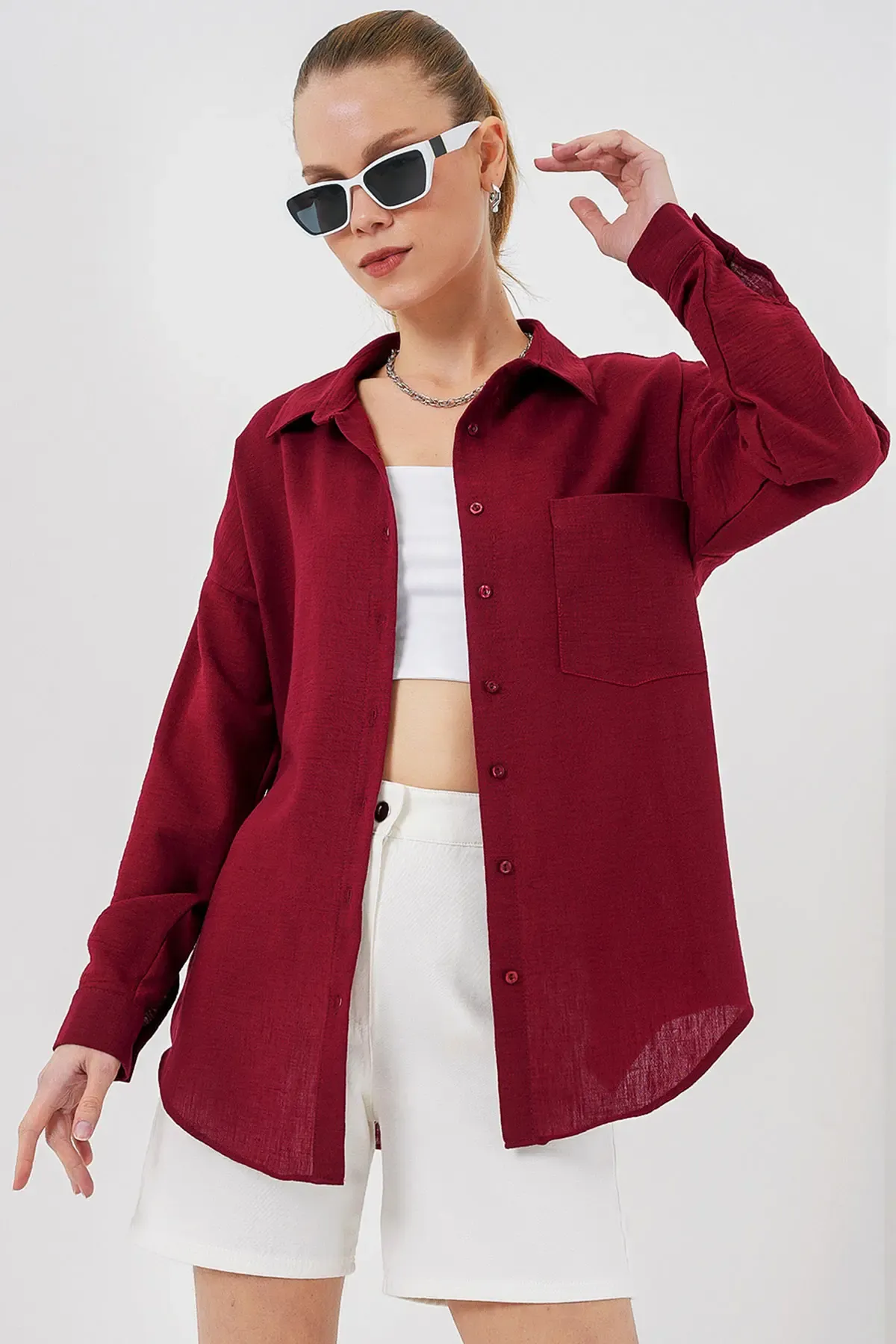 20153 Tek Cepli Oversize Keten Gömlek - Bordo