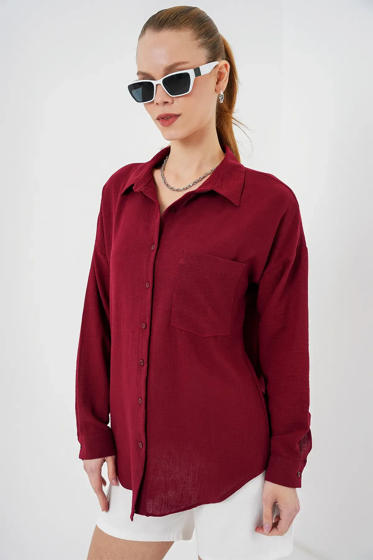 20153 Tek Cepli Oversize Keten Gömlek - Bordo