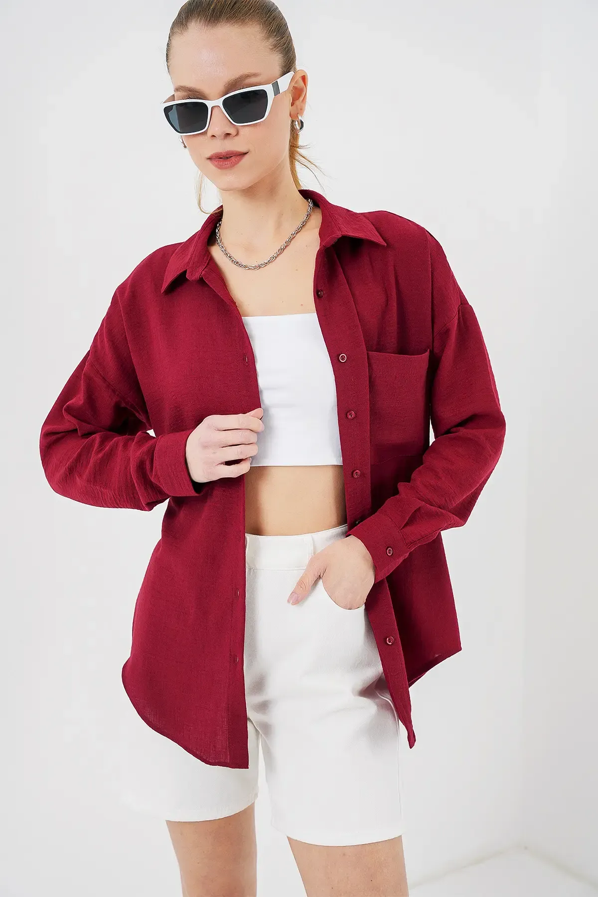 20153 Tek Cepli Oversize Keten Gömlek - Bordo