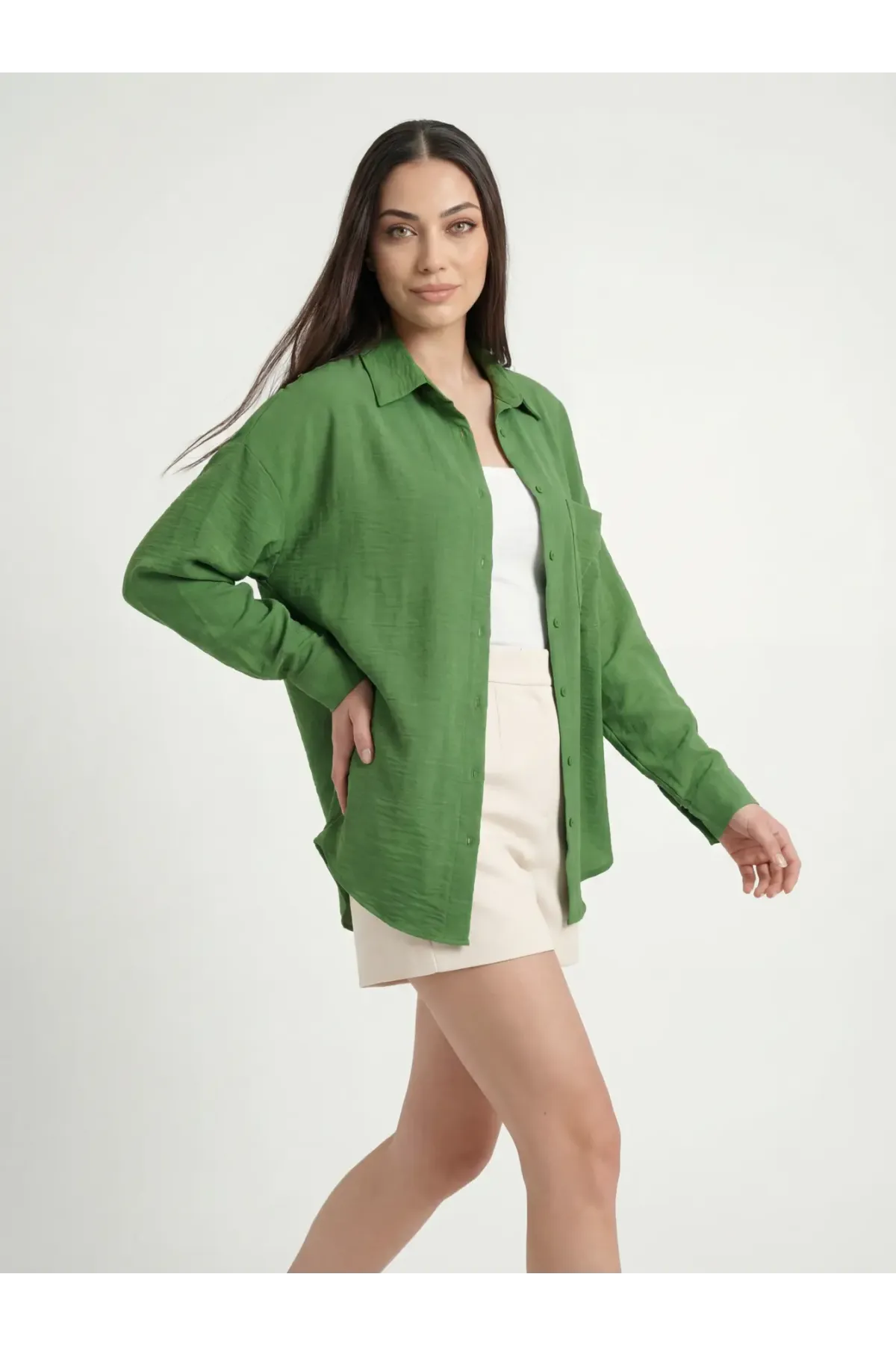 20153 Tek Cepli Oversize Keten Gömlek - G.Yeşil