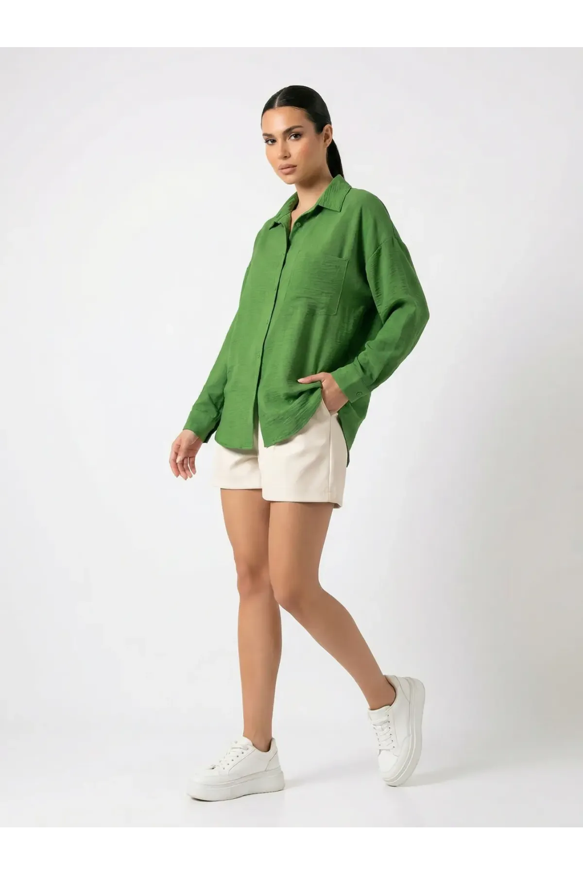 20153 Tek Cepli Oversize Keten Gömlek - G.Yeşil