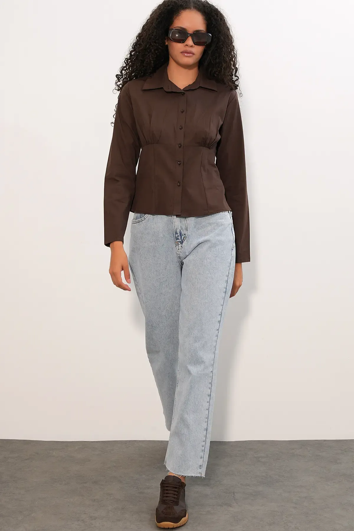 20231 Slim Fit Poplin Gömlek - Kahverengi