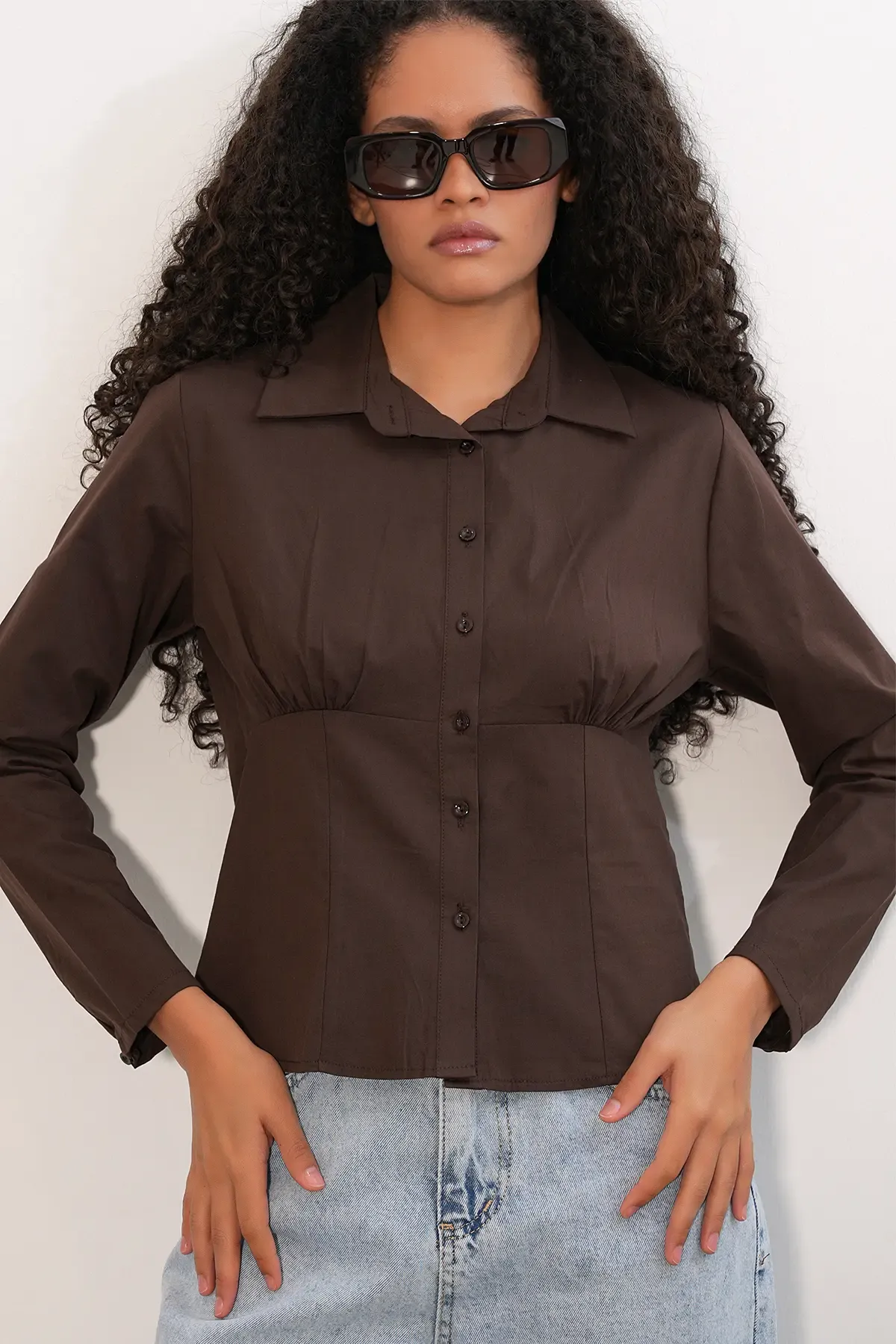 20231 Slim Fit Poplin Gömlek - Kahverengi
