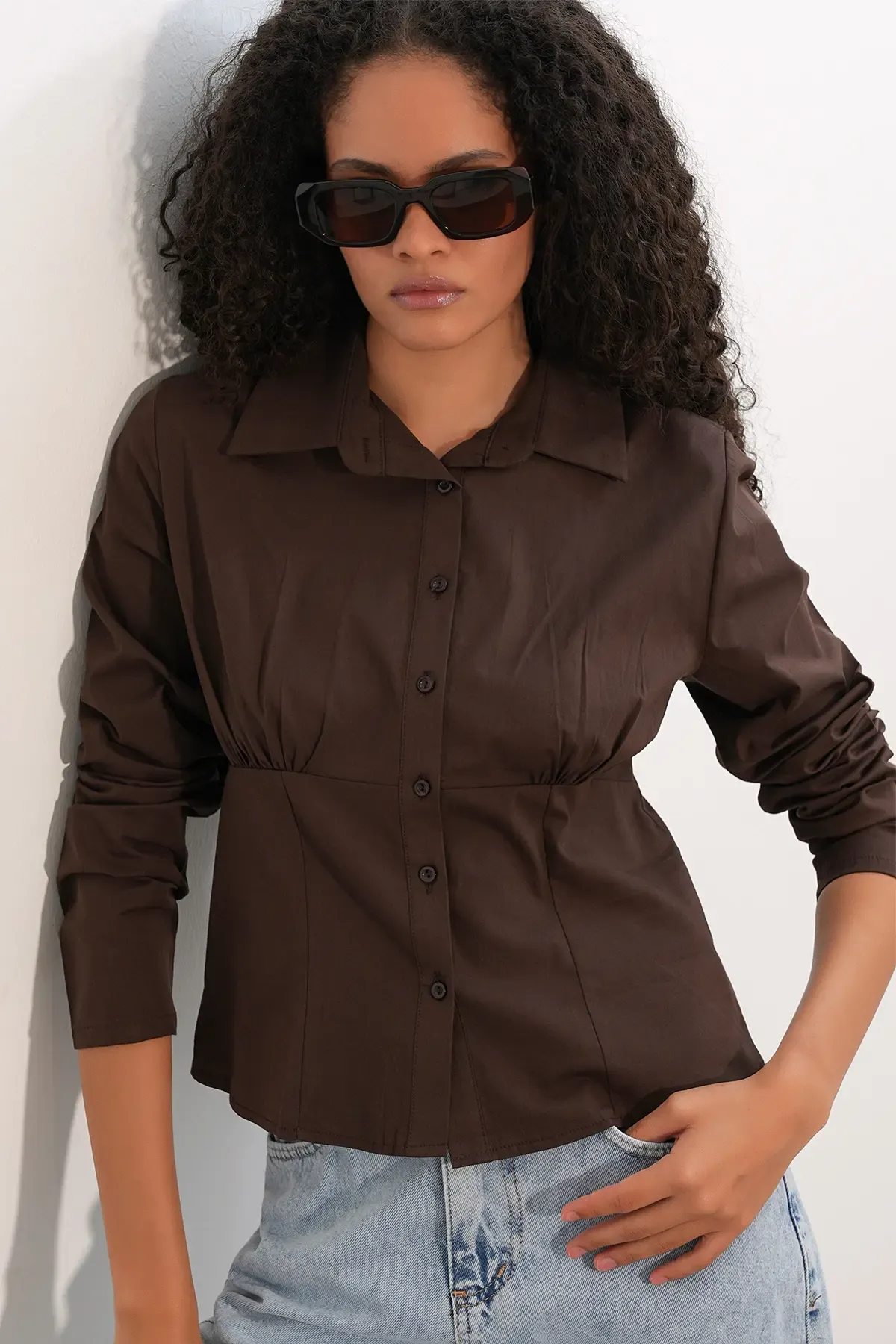 20231 Slim Fit Poplin Gömlek - Kahverengi