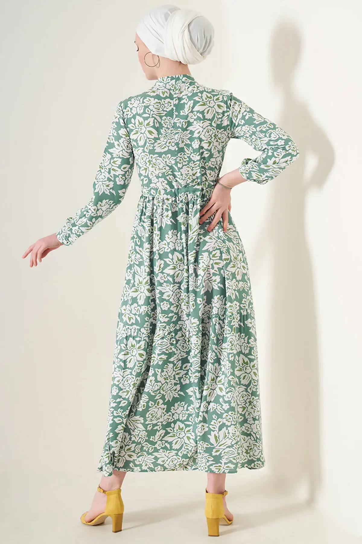 2144 Hakim Yaka Tesettür Elbise - Çağla