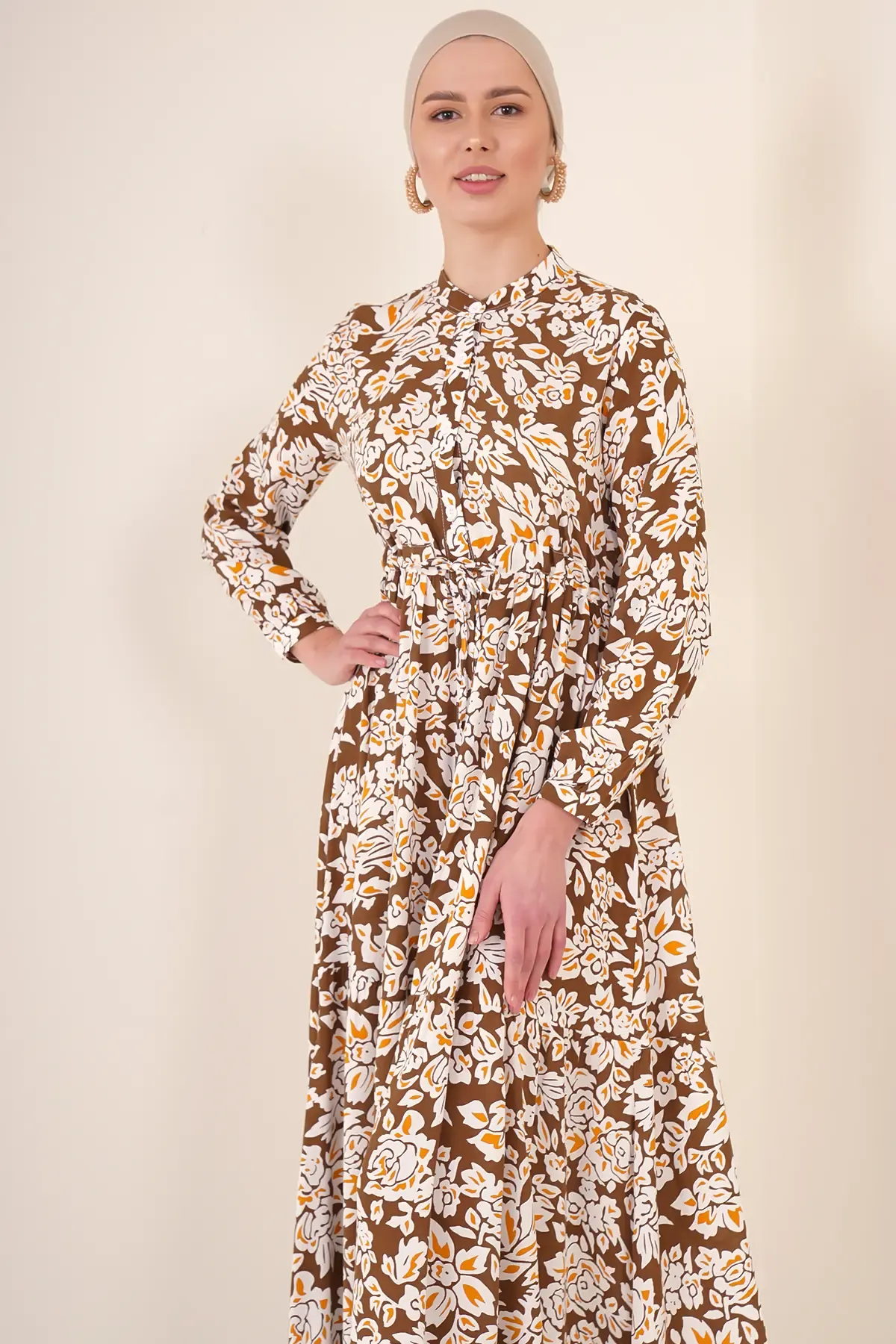 2144 Hakim Yaka Tesettür Elbise - Kahverengi