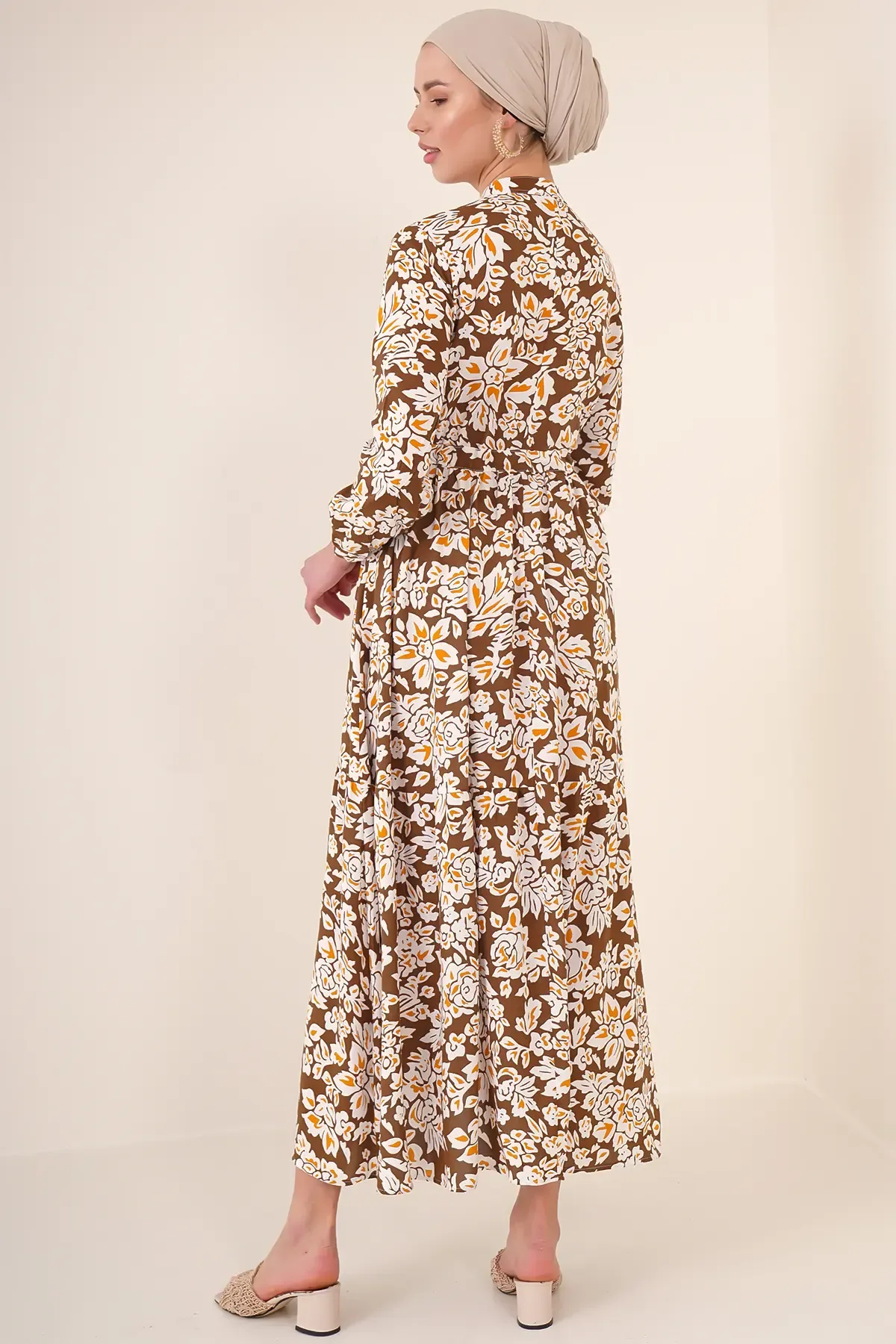 2144 Hakim Yaka Tesettür Elbise - Kahverengi