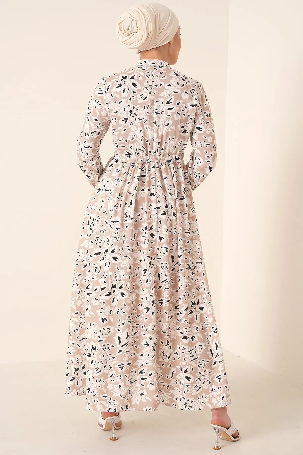 2144 Hakim Yaka Tesettür Elbise - Krem