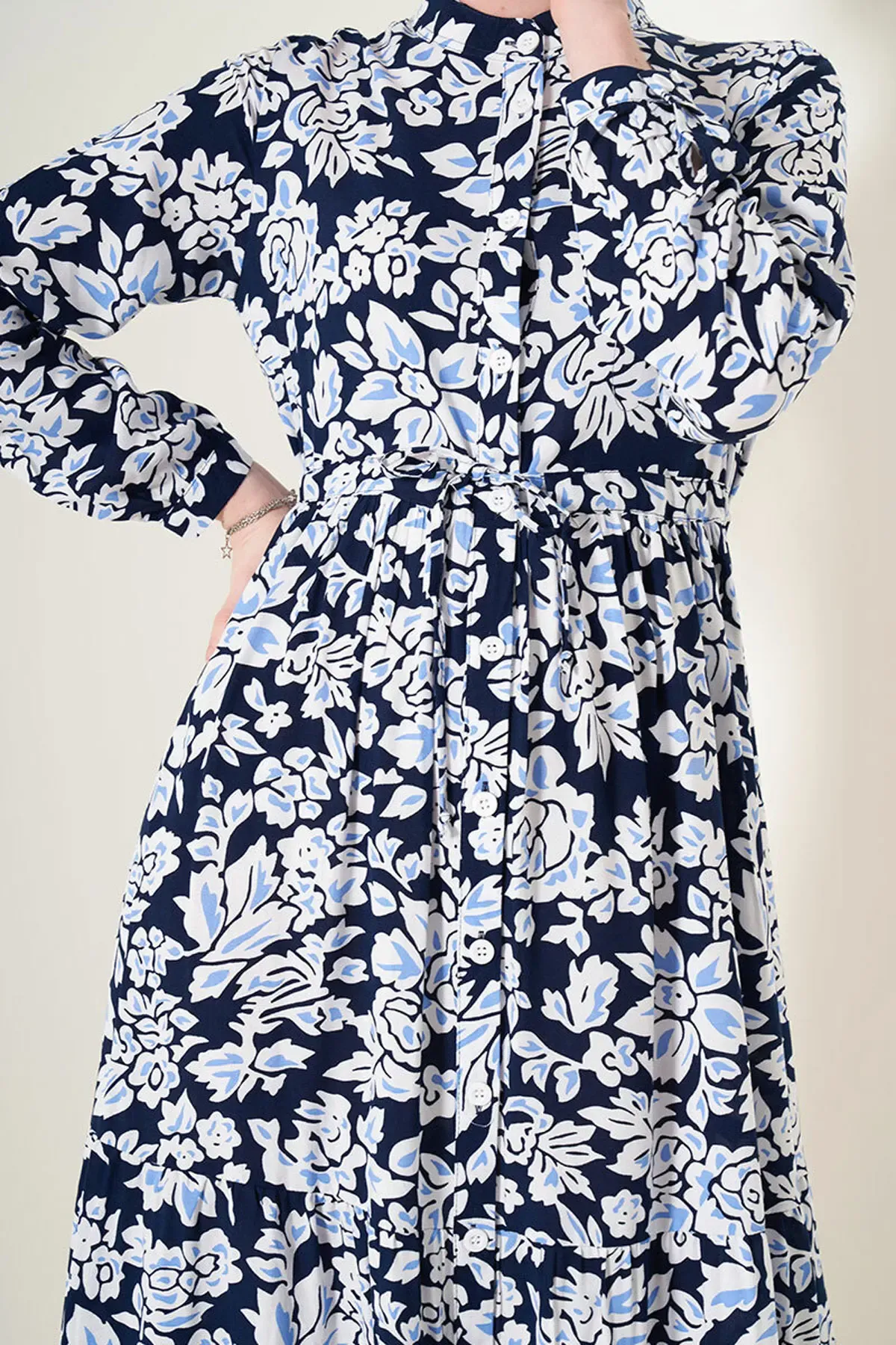 2144 Hakim Yaka Tesettür Elbise - Lacivert