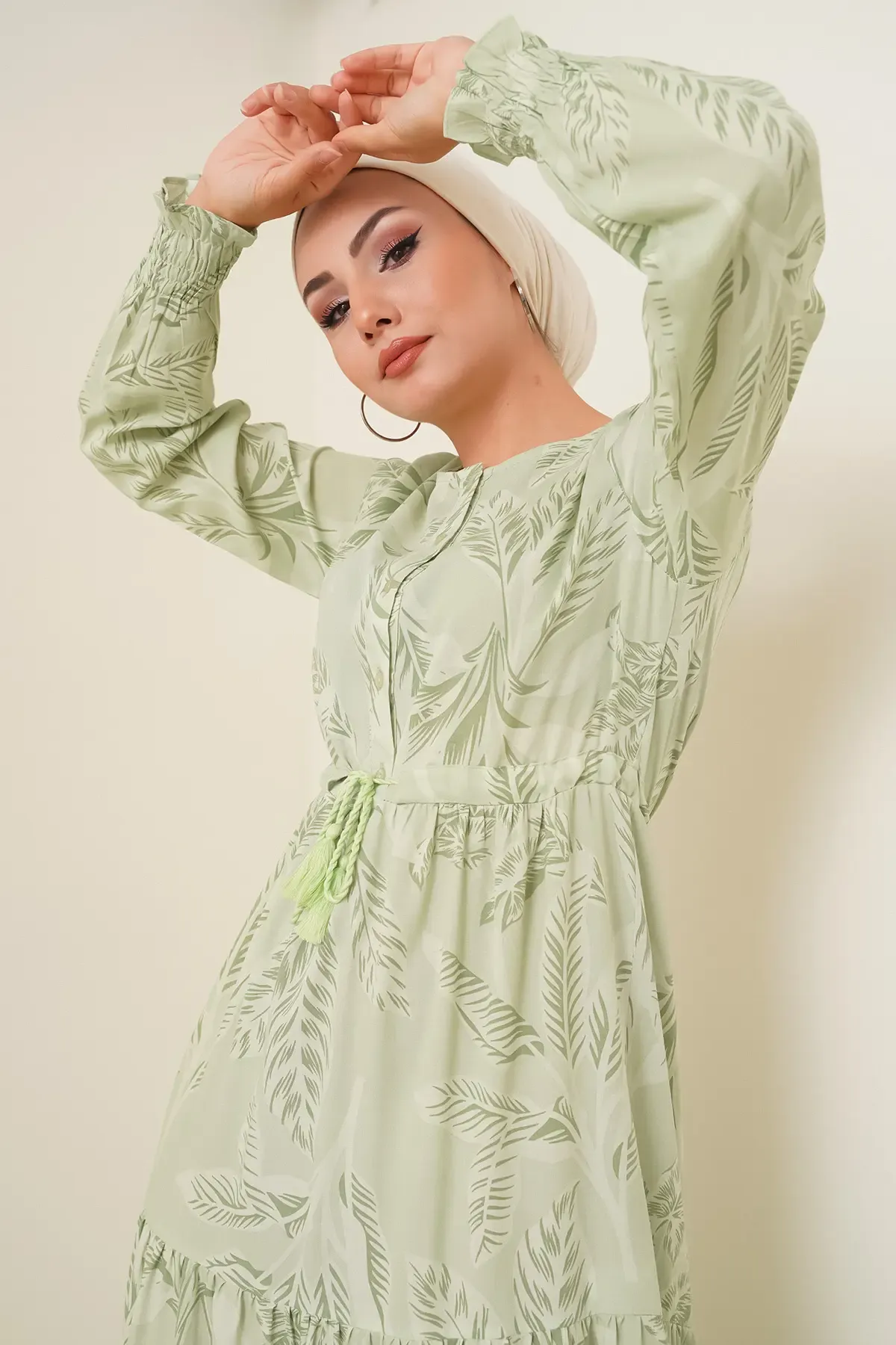 2145 Desenli Tesettür Elbise - E.Yeşil