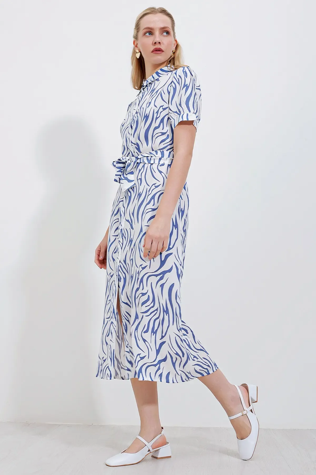 2213 Kısa Kol Viskon Elbise - Mavi