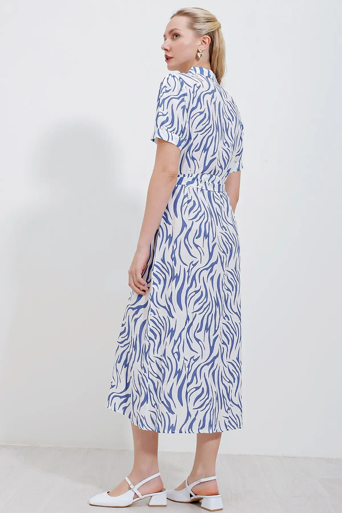 2213 Kısa Kol Viskon Elbise - Mavi