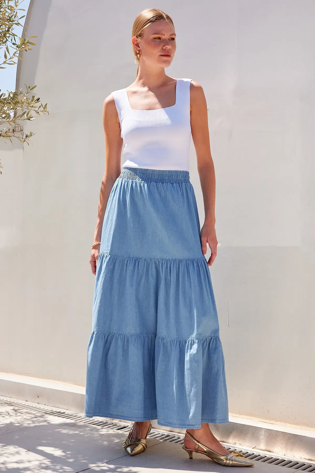 8022 Volanlı Uzun Kot Etek - Mavi